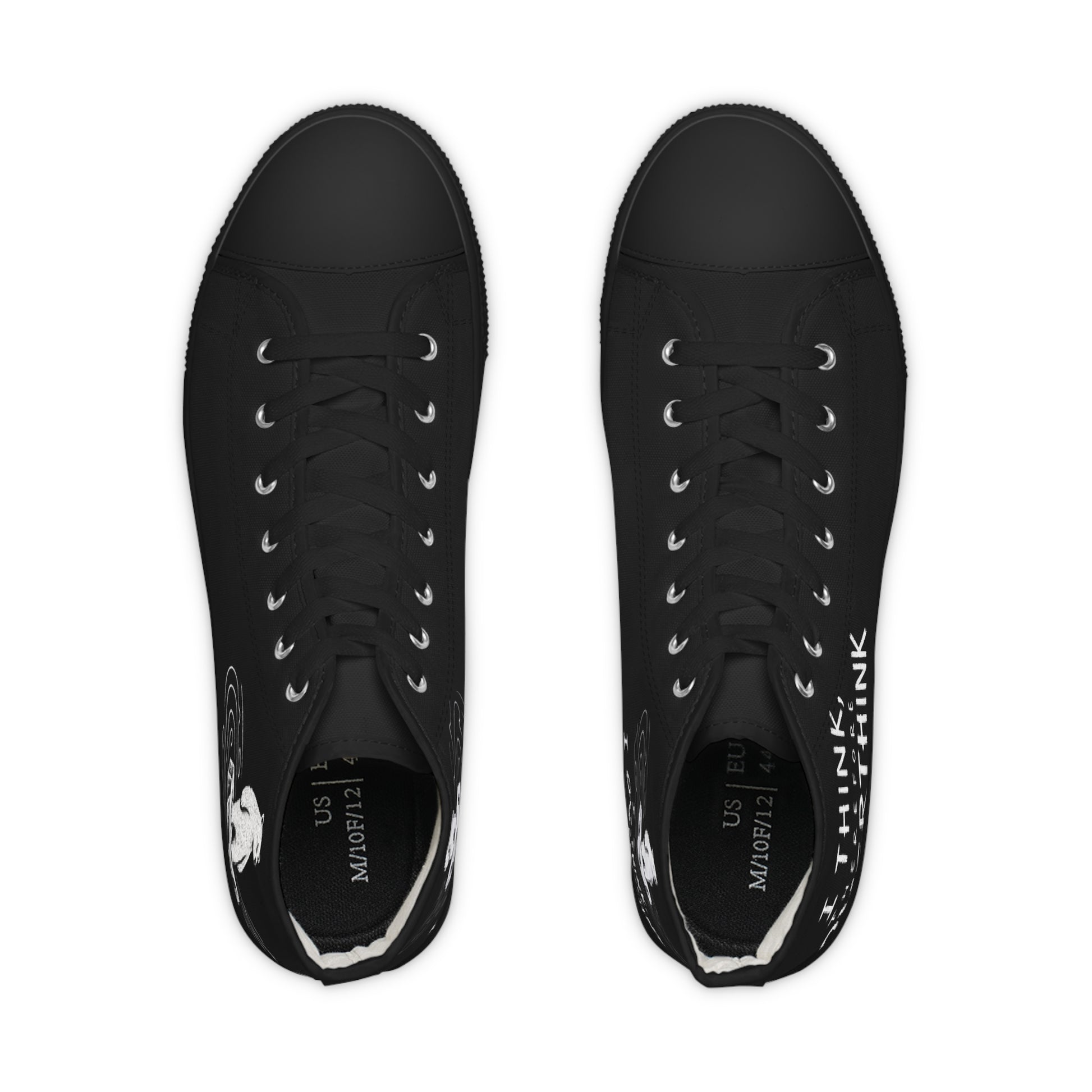 Black high-top sneaker with “I Think Therefore I Overthink” hand-drawn lettering on the side panel