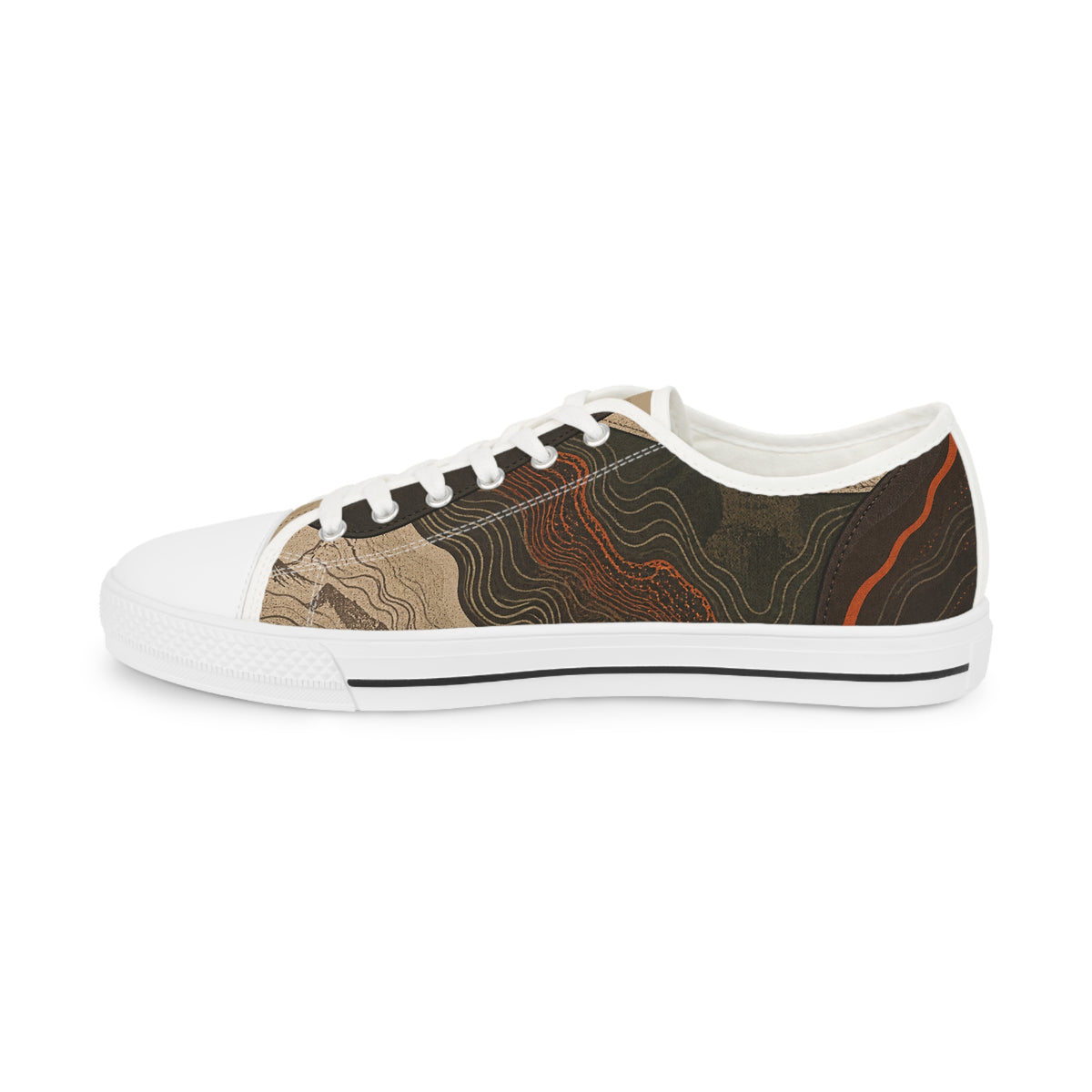 FIELD NOTES 26 printed low top sneakers showing full-wrap topographic artwork and white rubber sole.