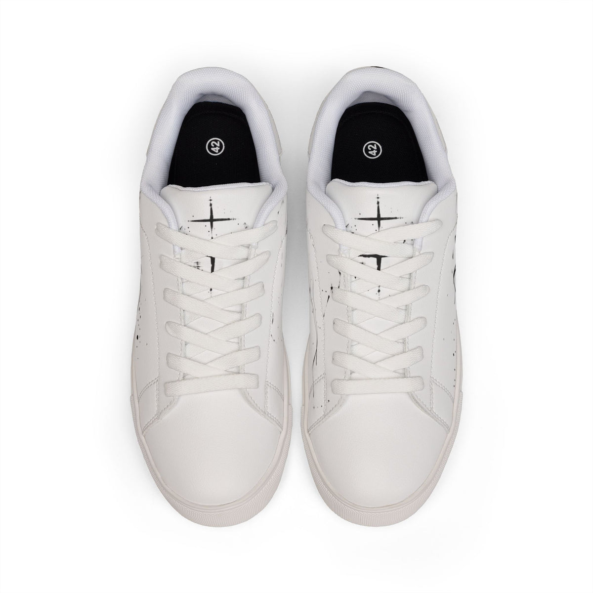FAHEEL men's white low-top graphic sneakers with black distressed accents