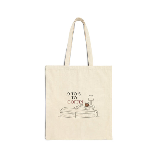 Beige Dead Inside tote bag with 9 TO 5 TO COFFIN typography and coffin illustration for burnout humor for introverts