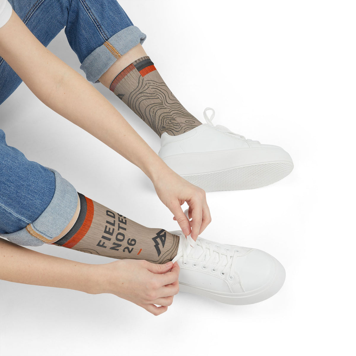 FIELD NOTES 26 topographic crew socks with sand, charcoal and burnt orange contour-map design.