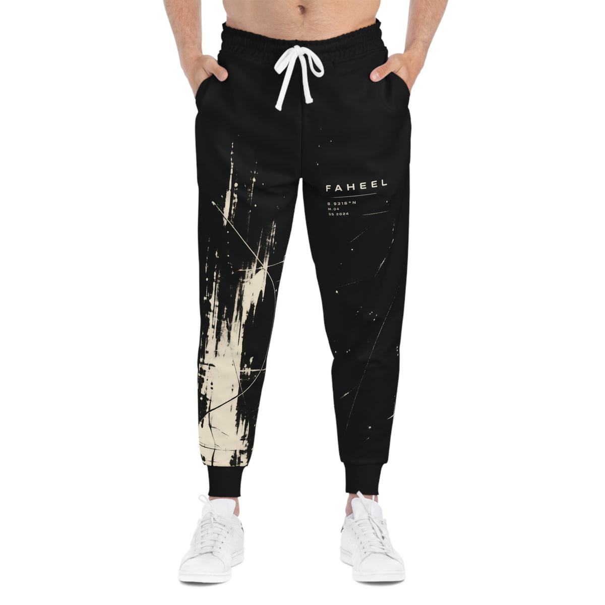 FAHEEL printed athletic sweatpants with black base and textured ivory artwork