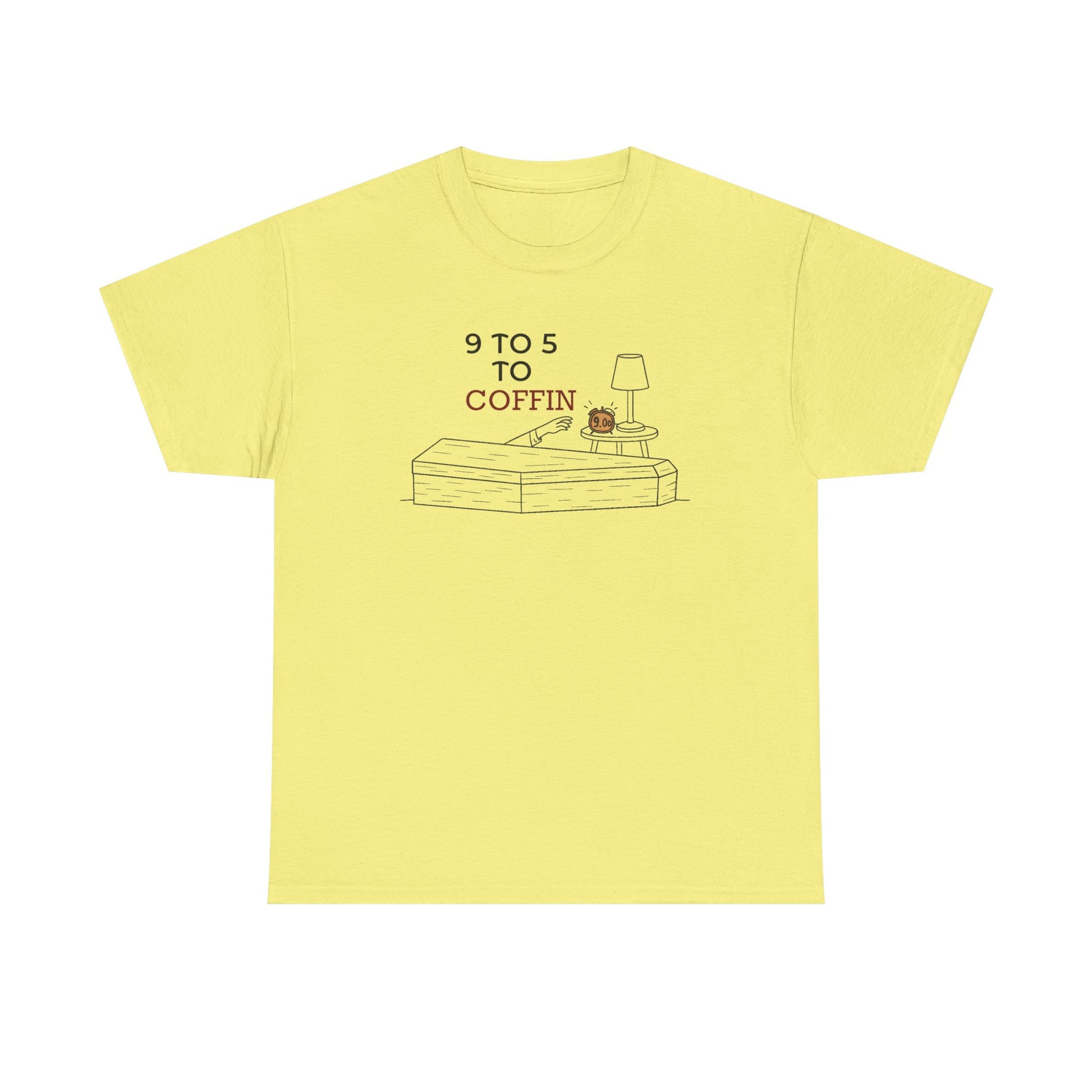 Yellow Dead Inside shirt with “9 TO 5 to COFFIN” typography and coffin icon for introverts feeling job stress and burnout
