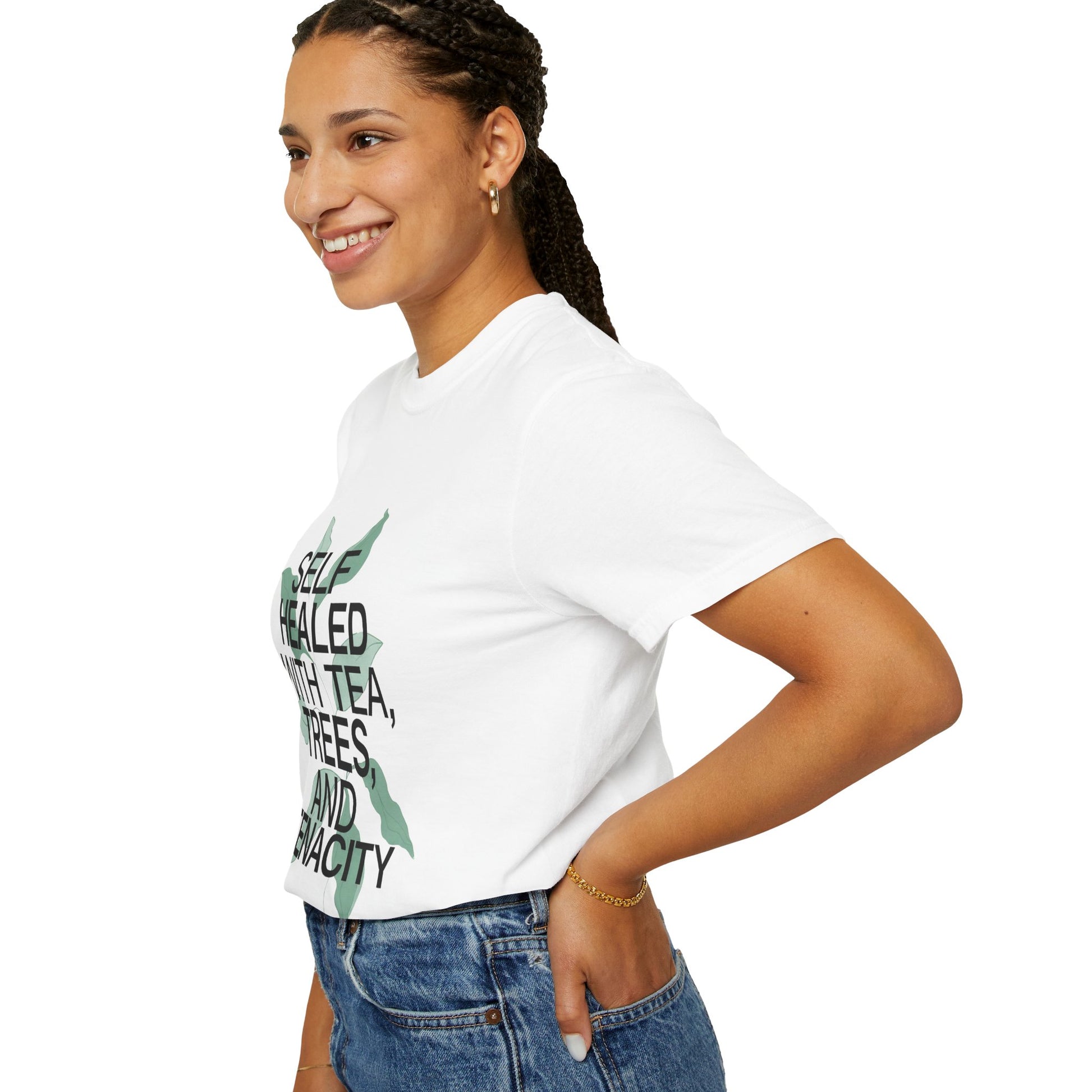 Woman wearing a white t-shirt with text and graphics on a white background