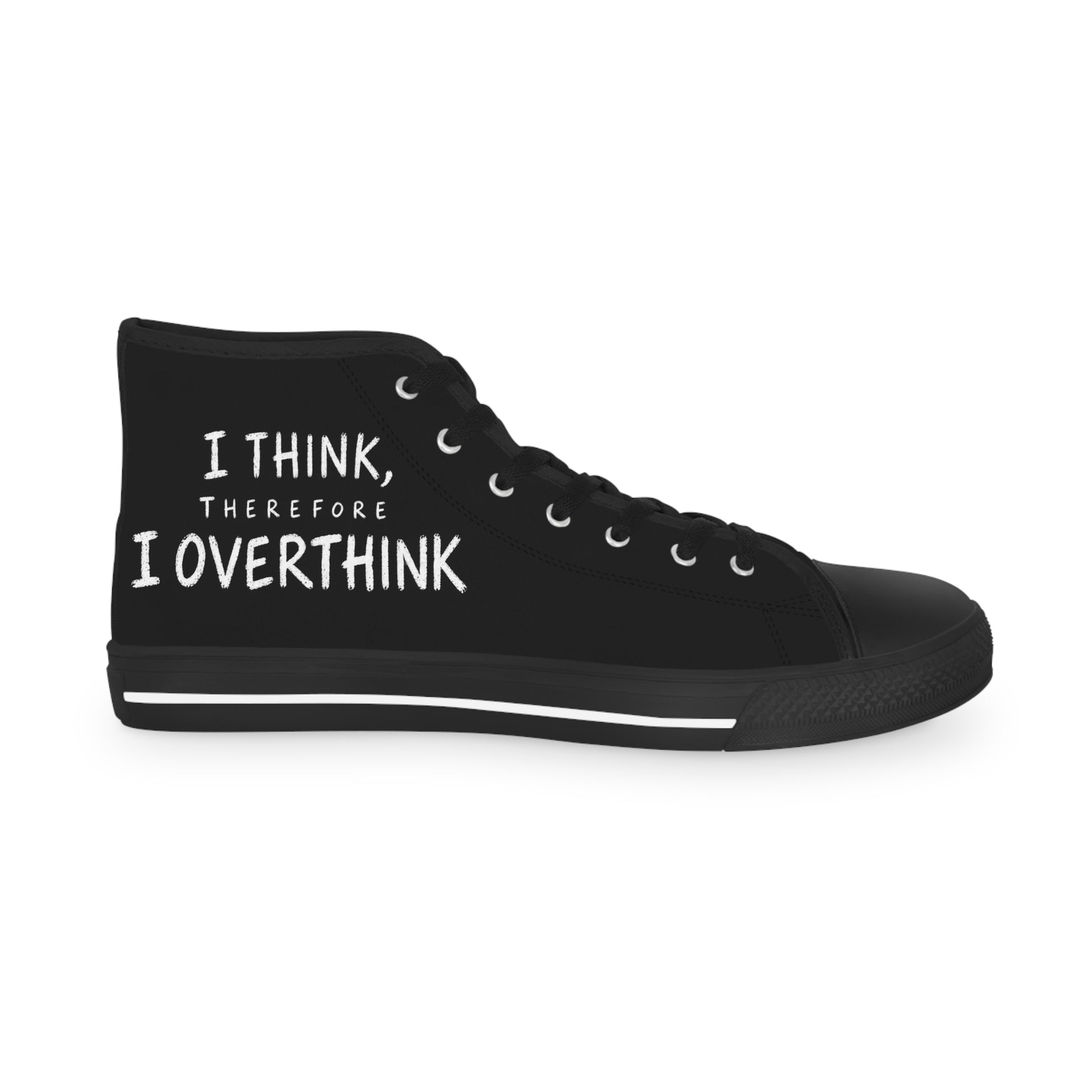 Black high-top sneakers with monochrome side-panel artwork and black soles