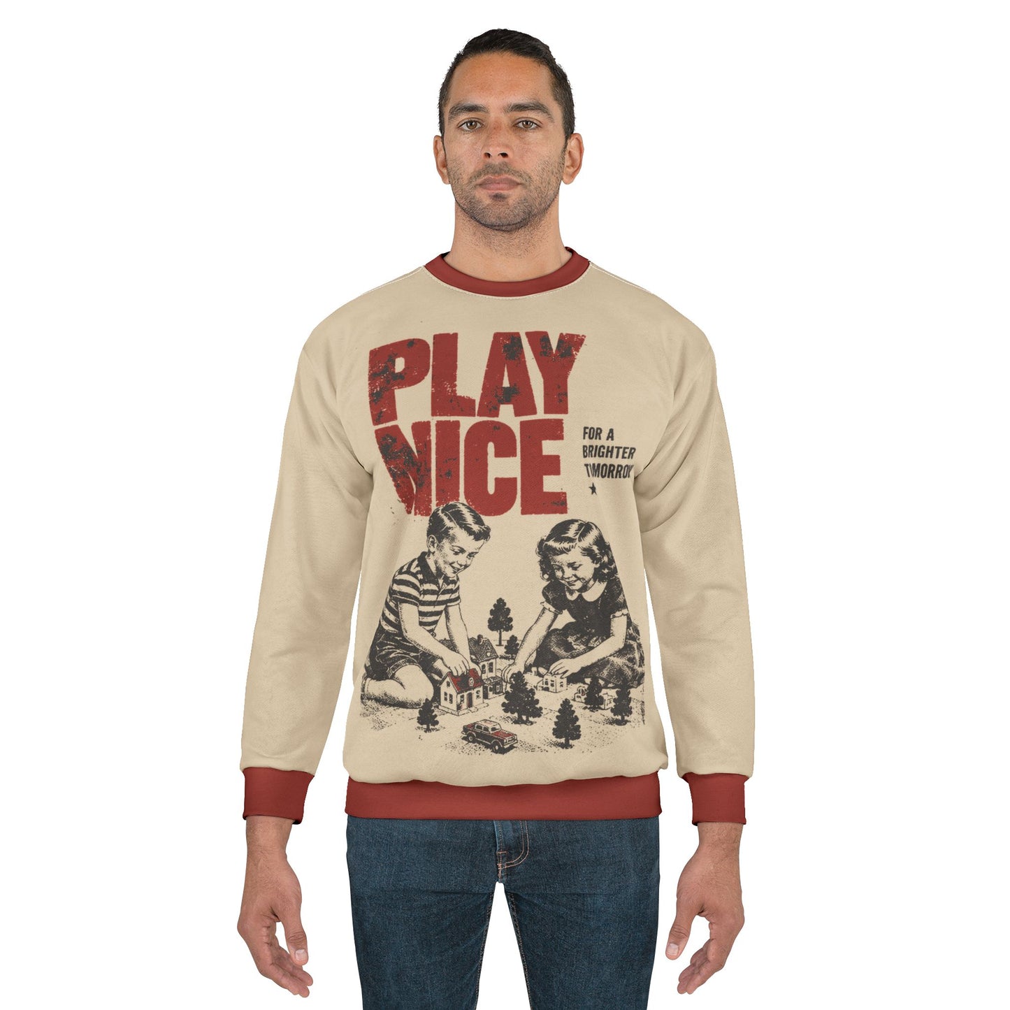 Beige Play Nice graphic crewneck sweatshirt with deep red ribbed trim