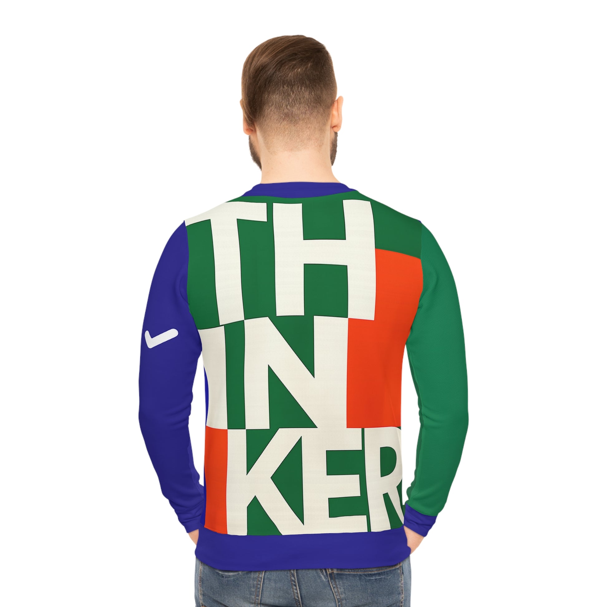 Model wearing the Overthinker AOP sweatshirt, back view highlighting large “THINKER” typography and color block layout.