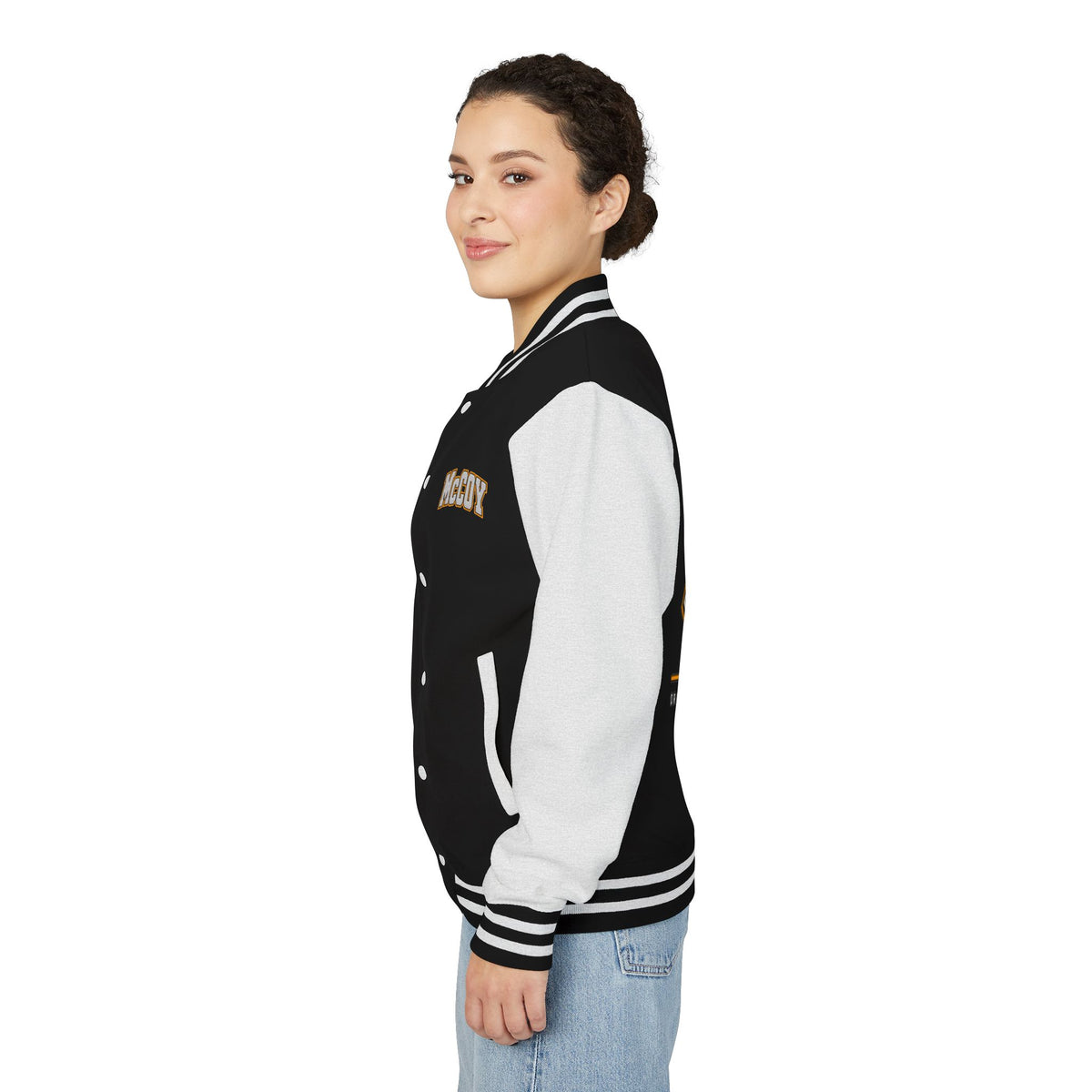 Magik McCoy heavyweight black and white varsity jacket, additional mockup view 5