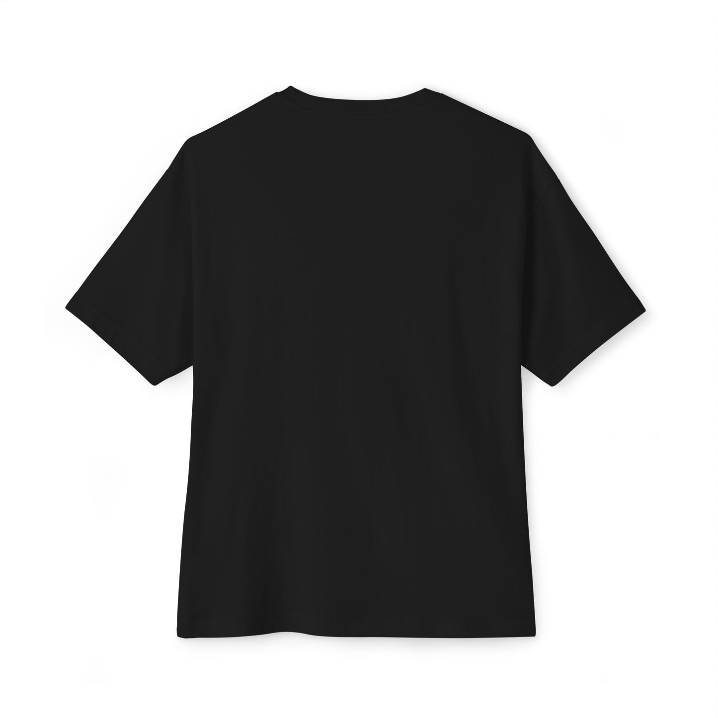 Black t-shirt with text on the back on a white background