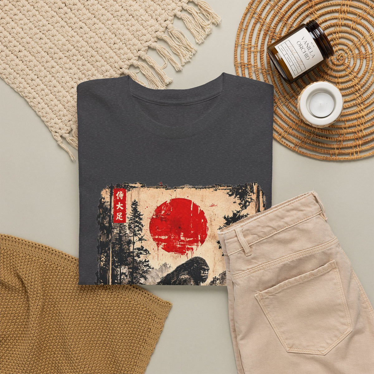 Folded Samurai Bigfoot T-shirt with distressed red sun and pagoda artwork