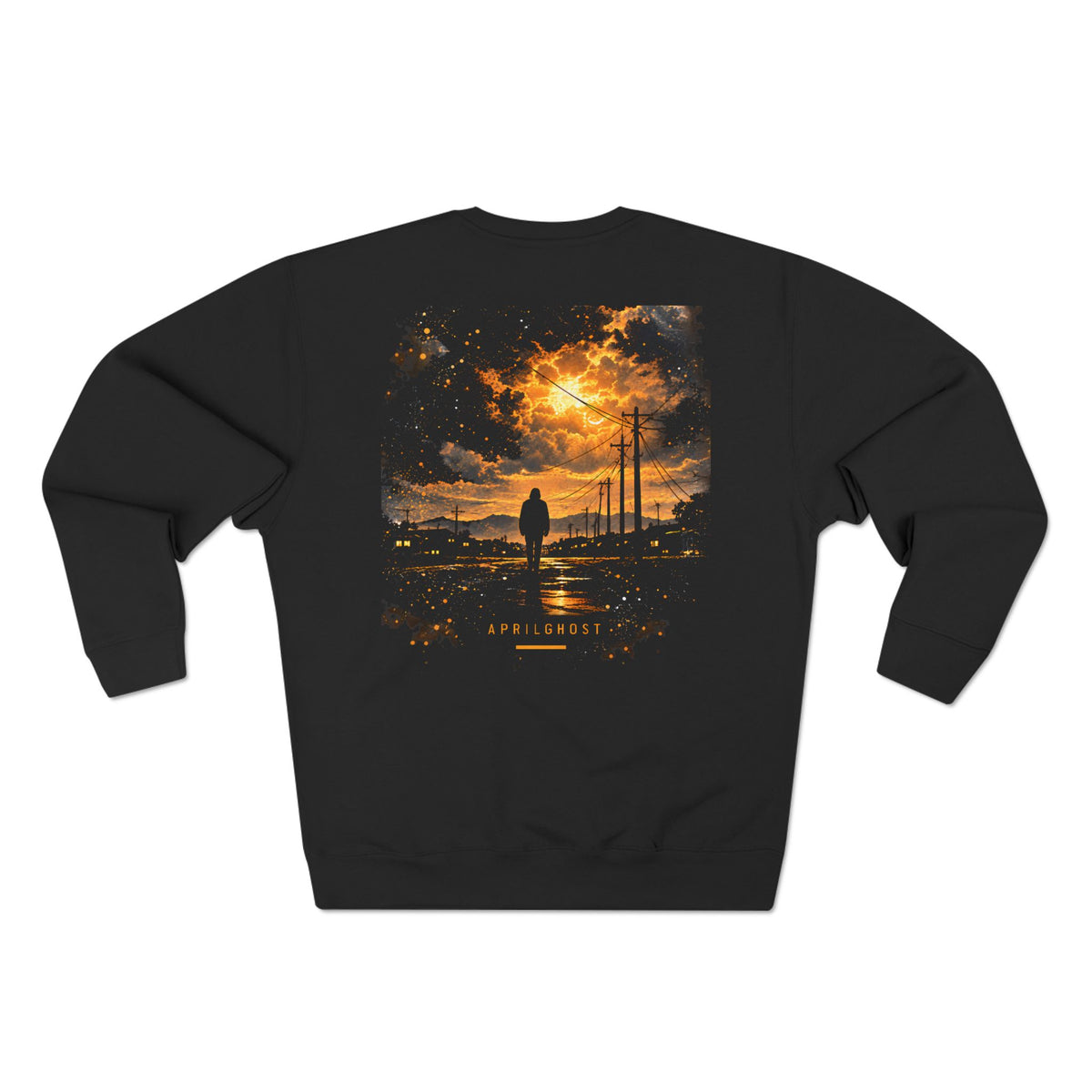 AprilGhost Ghost Ascent black crewneck sweatshirt with amber APRILGHOST typography and road-and-sky artwork