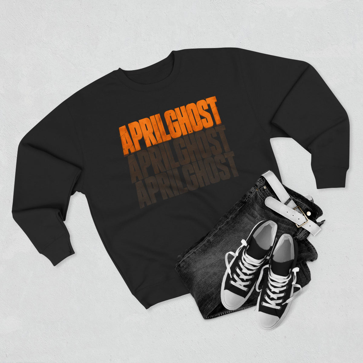 AprilGhost Ghost Ascent black crewneck sweatshirt with amber APRILGHOST typography and road-and-sky artwork