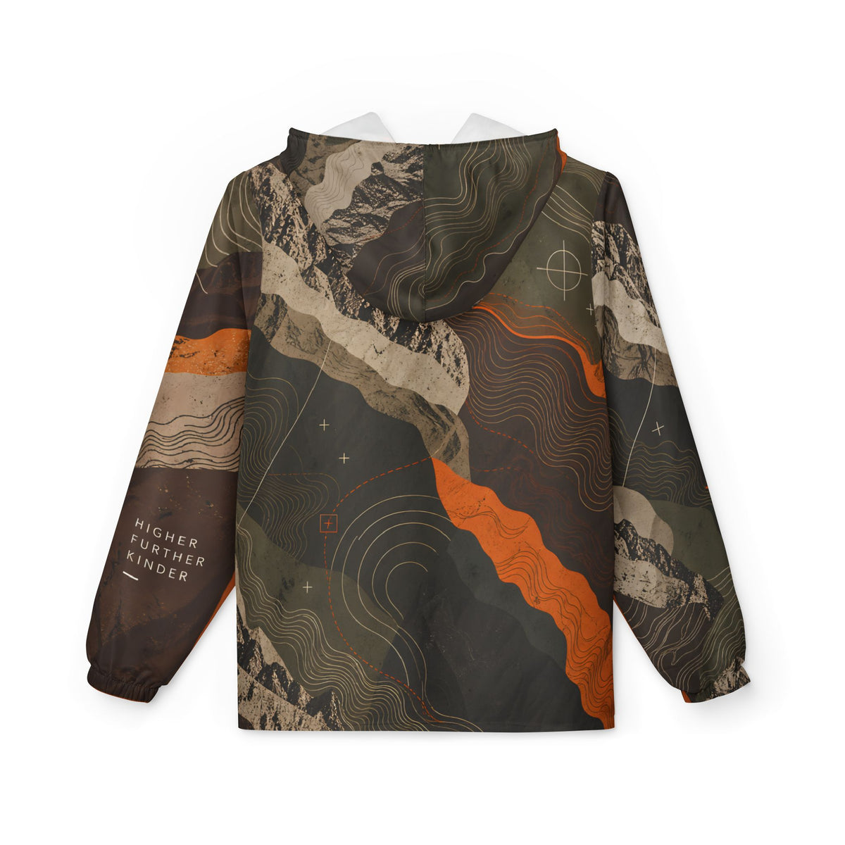 FIELD NOTES 26 topographic windbreaker jacket in olive, charcoal, sand and burnt orange terrain print.