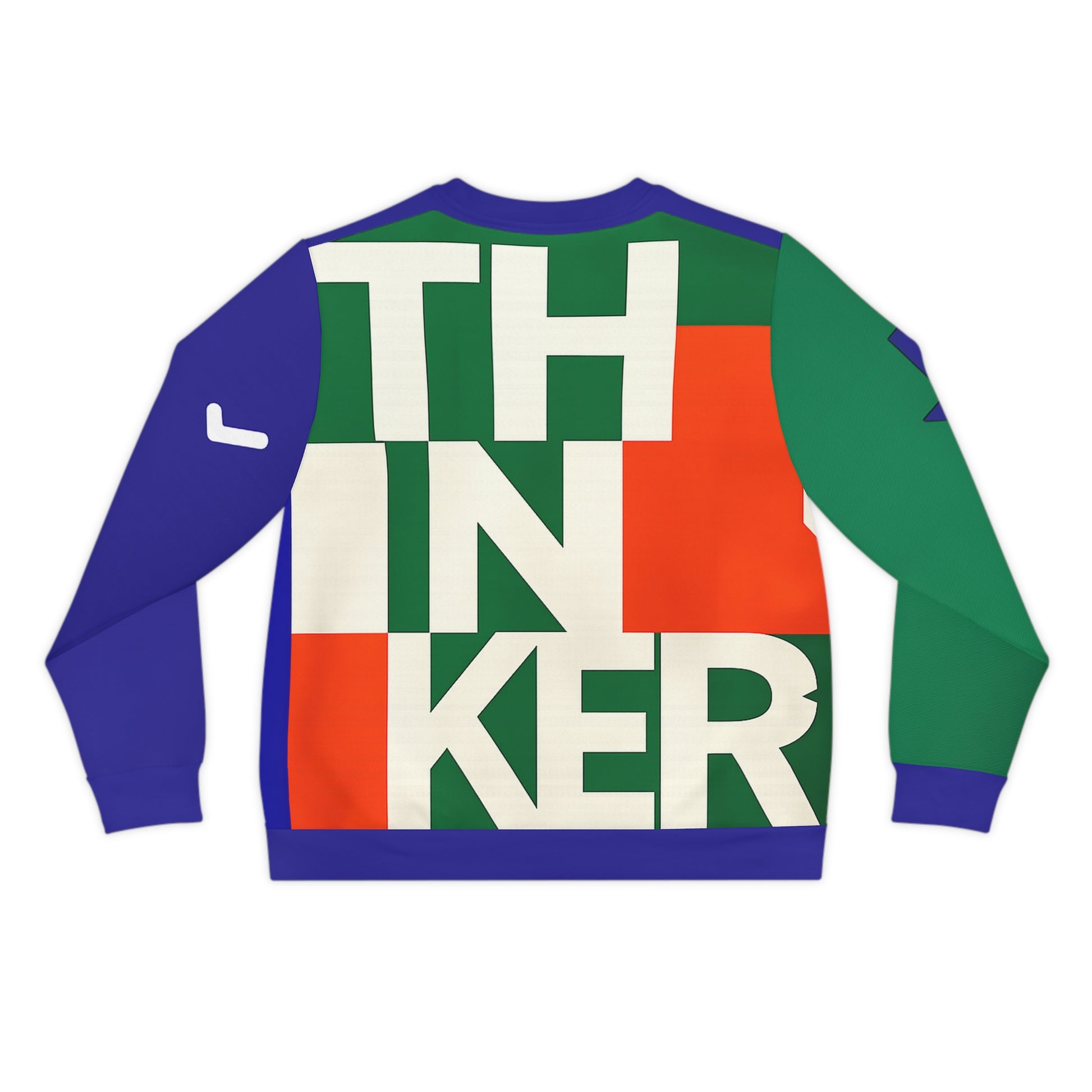 Overthinker all over print sweatshirt, back view showing oversized “THINKER” typography over green and orange blocks with blue shoulders.