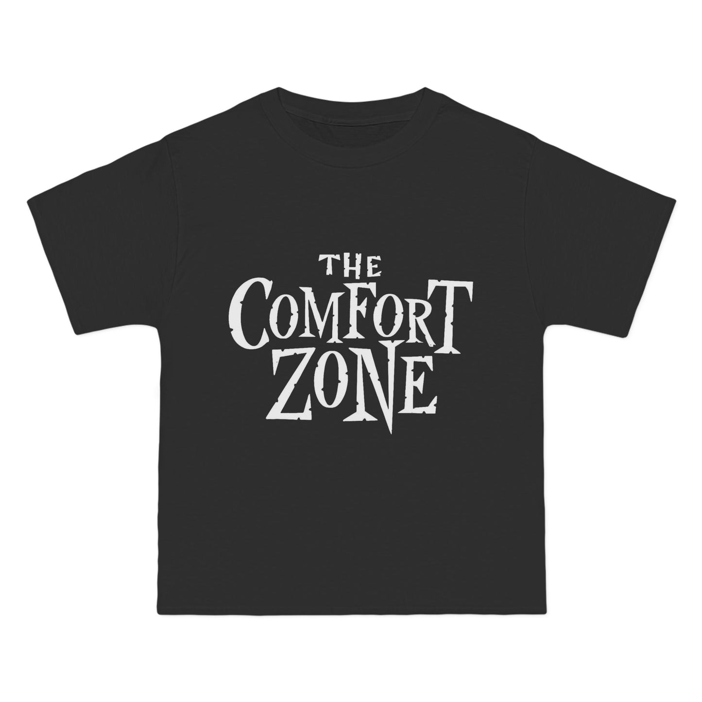 Black graphic t-shirt featuring The Comfort Zone retro sci-fi parody logo in vintage, jagged white typography.