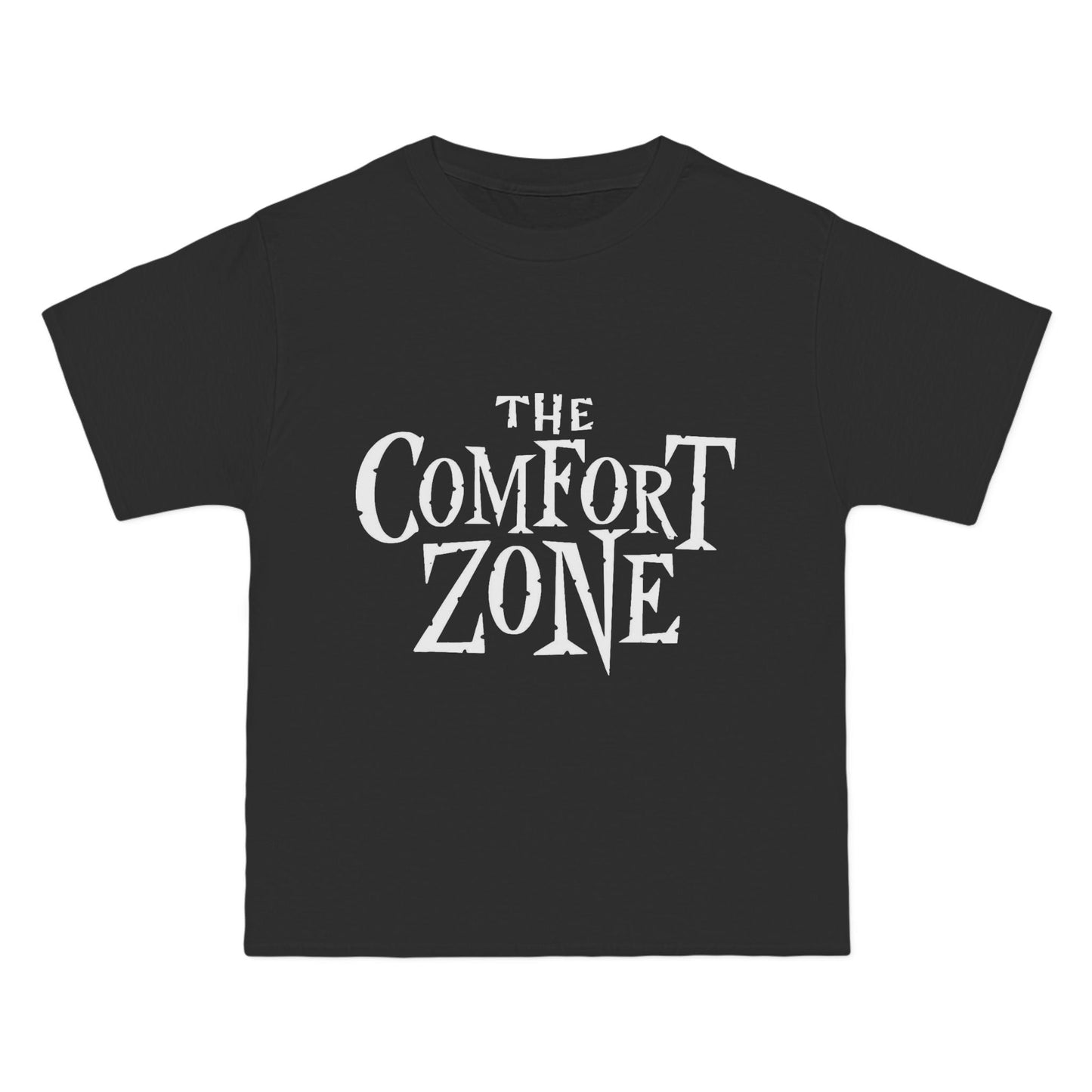 Front view of black Comfort Zone graphic tee with jagged white typography