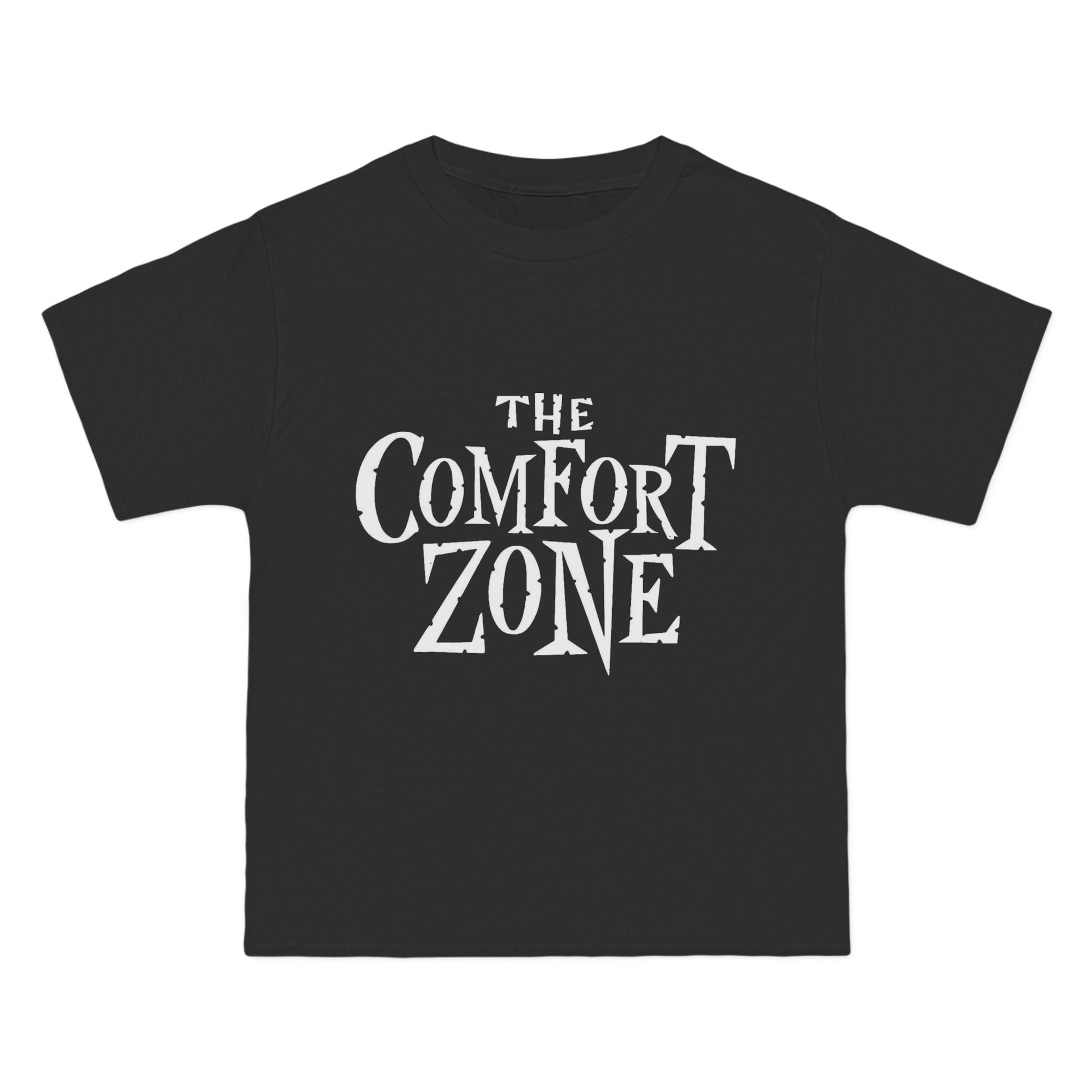 Front view of black Comfort Zone graphic tee with jagged white typography
