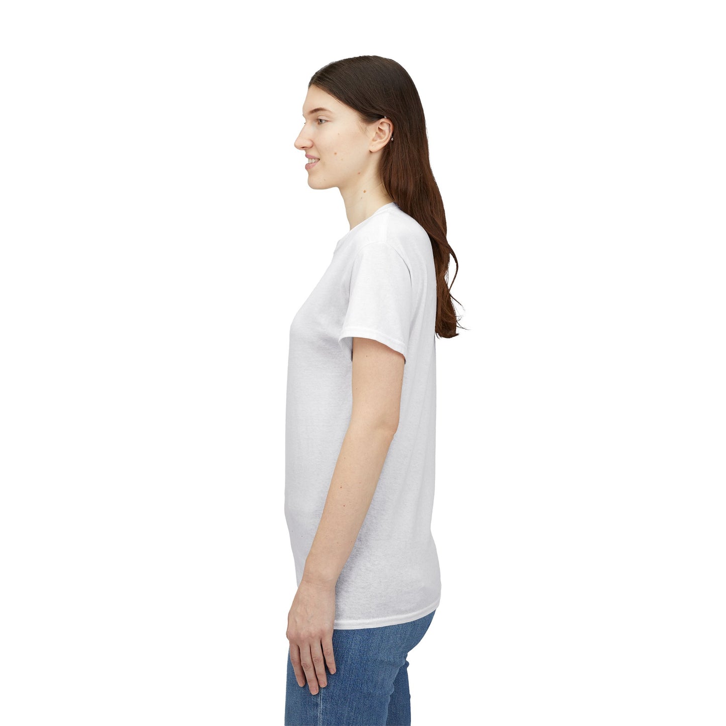 Woman wearing a plain white t-shirt on a white background