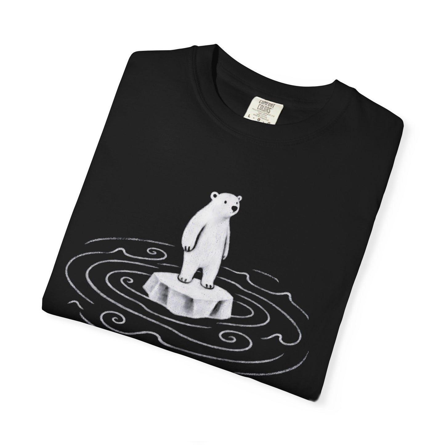 Black overthinker T-shirt with hand-drawn polar bear and “I Think, Therefore I Overthink” graphic.
