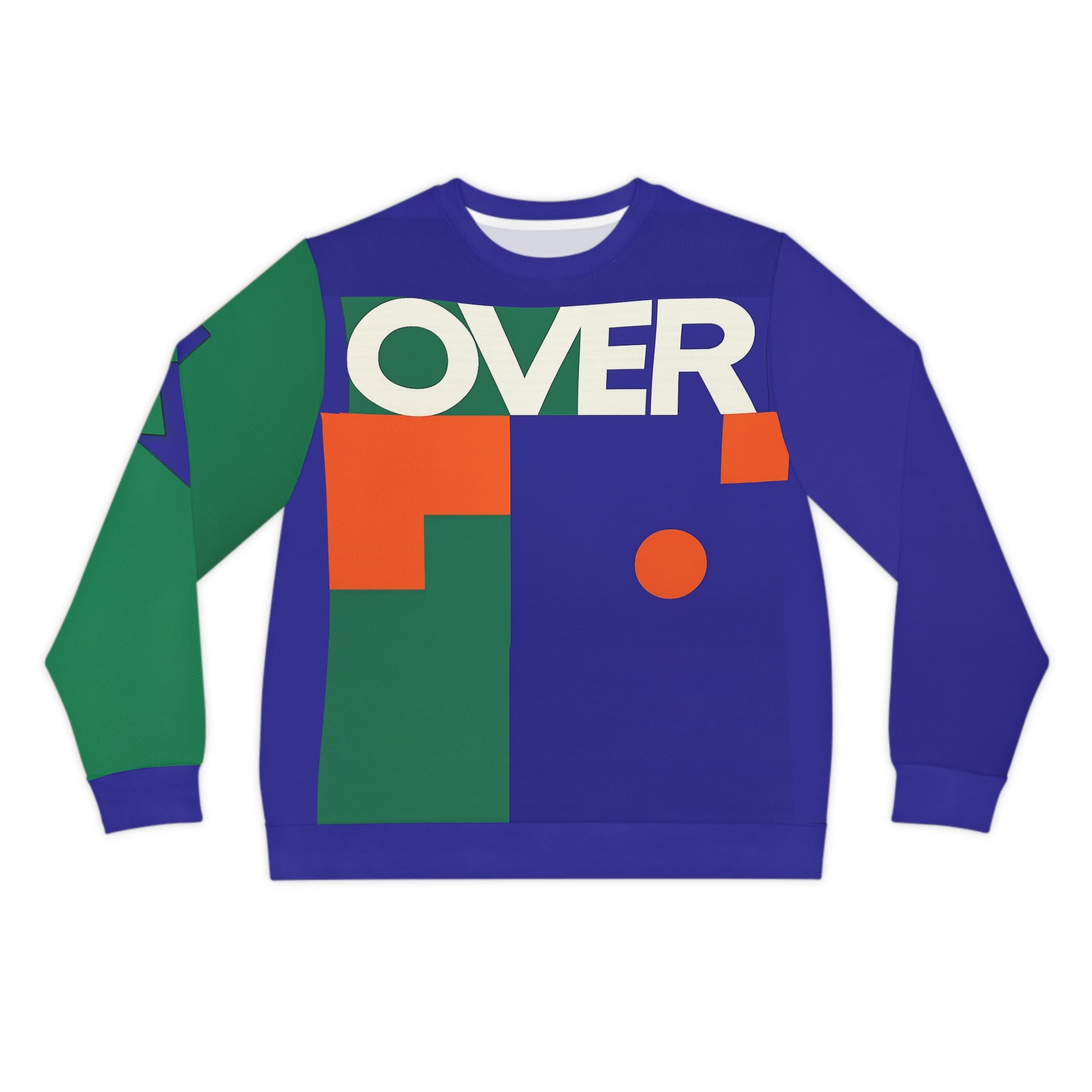 Overthinker all over print sweatshirt, front view with bold blue base, green and orange blocks, and oversized “OVER” typography.
