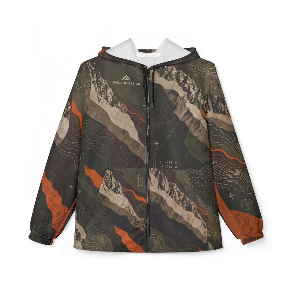 FIELD NOTES 26 topographic windbreaker jacket in olive, charcoal, sand and burnt orange terrain print.