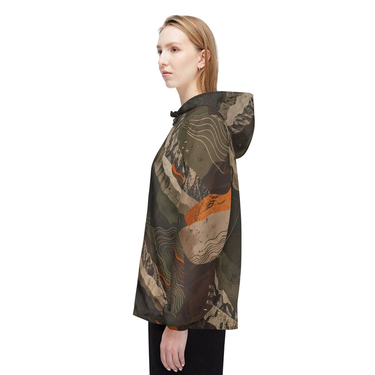 FIELD NOTES 26 topographic windbreaker jacket in olive, charcoal, sand and burnt orange terrain print.