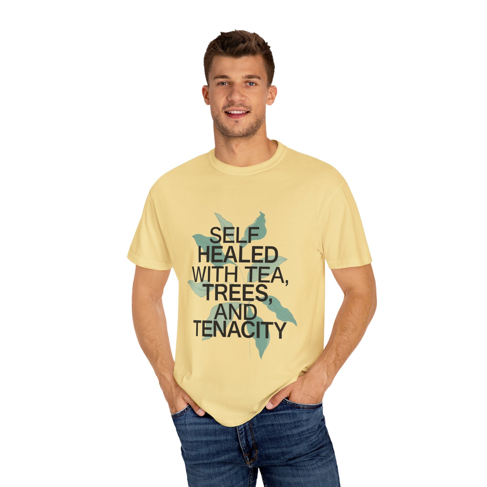 Man wearing a yellow t-shirt with text and graphic design on a white background
