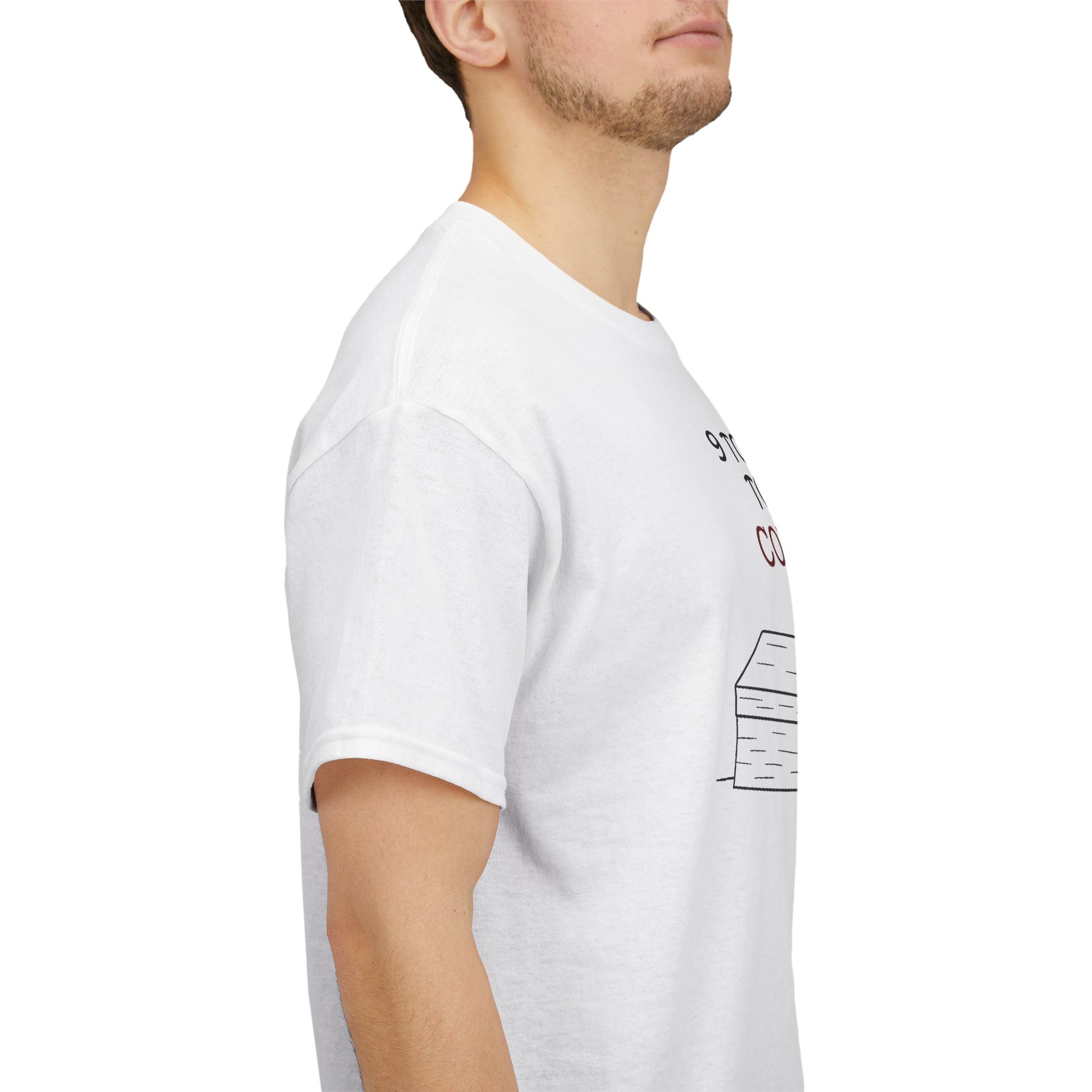 Person wearing a white t-shirt with a logo on a white background