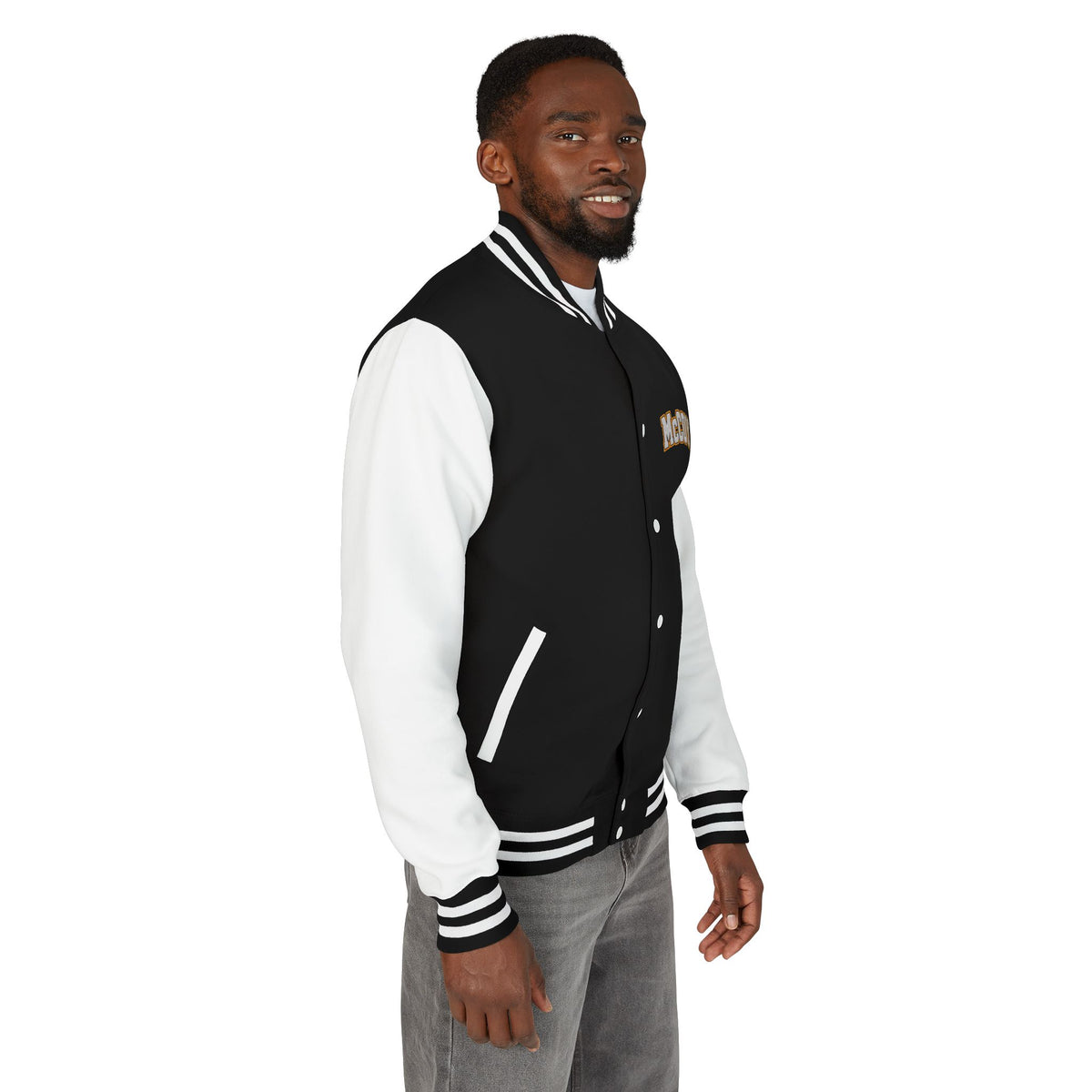 Magik McCoy heavyweight black and white varsity jacket, additional mockup view 8