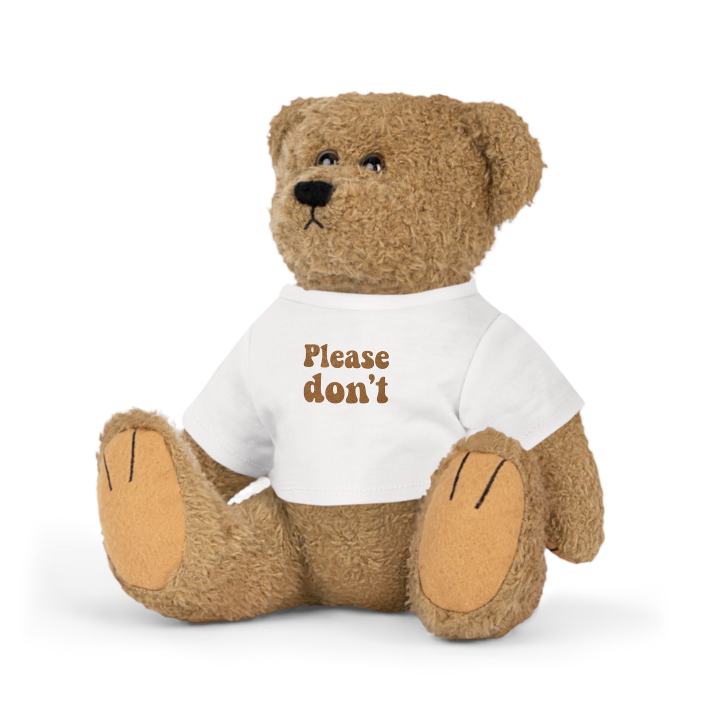 Teddy bear plush wearing a white “Please don’t” t-shirt, a soft boundary gift for quiet desks and calm spaces
