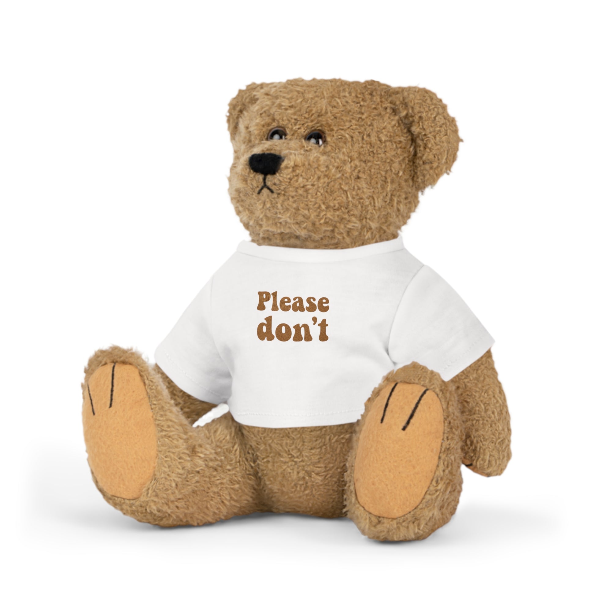 Teddy bear plush wearing a white “Please don’t” t-shirt, a soft boundary gift for quiet desks and calm spaces