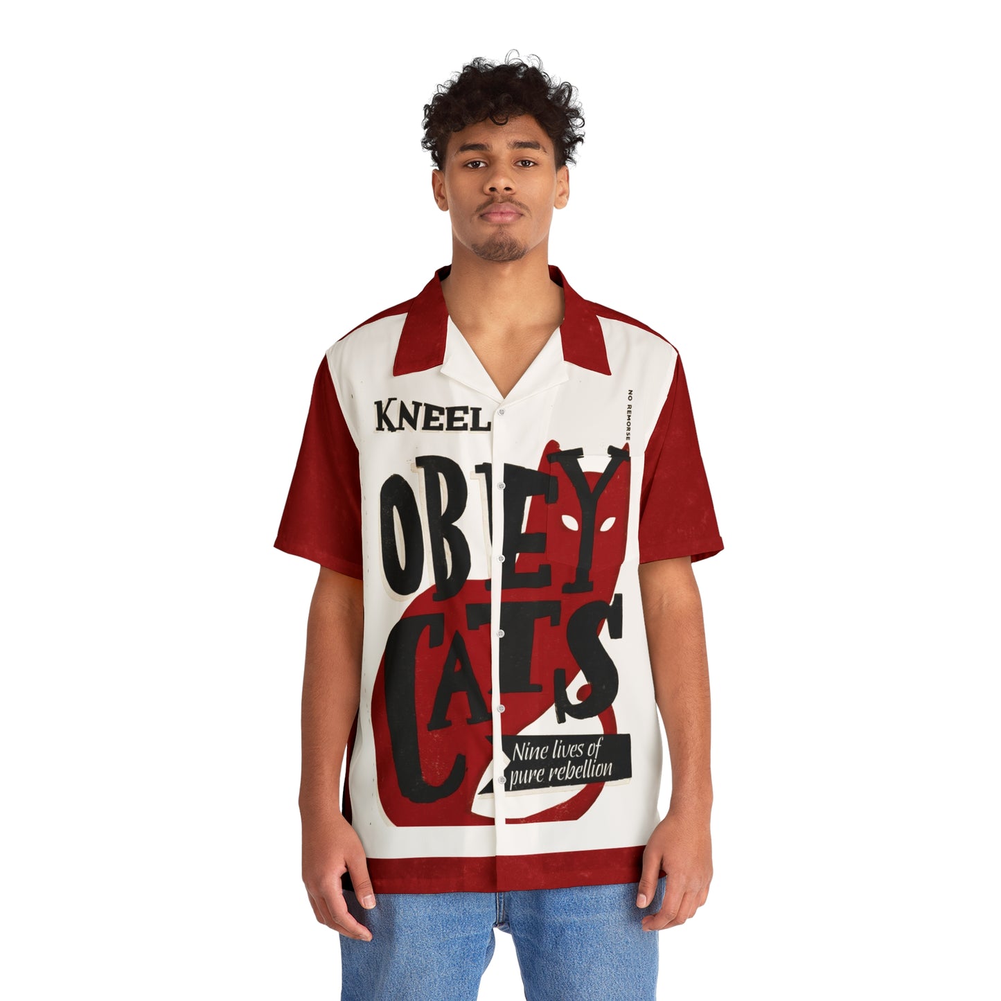 Model wearing the Obey Cats propaganda resort shirt front view. Highlights the relaxed boxy fit and heavy ink cat graphic.