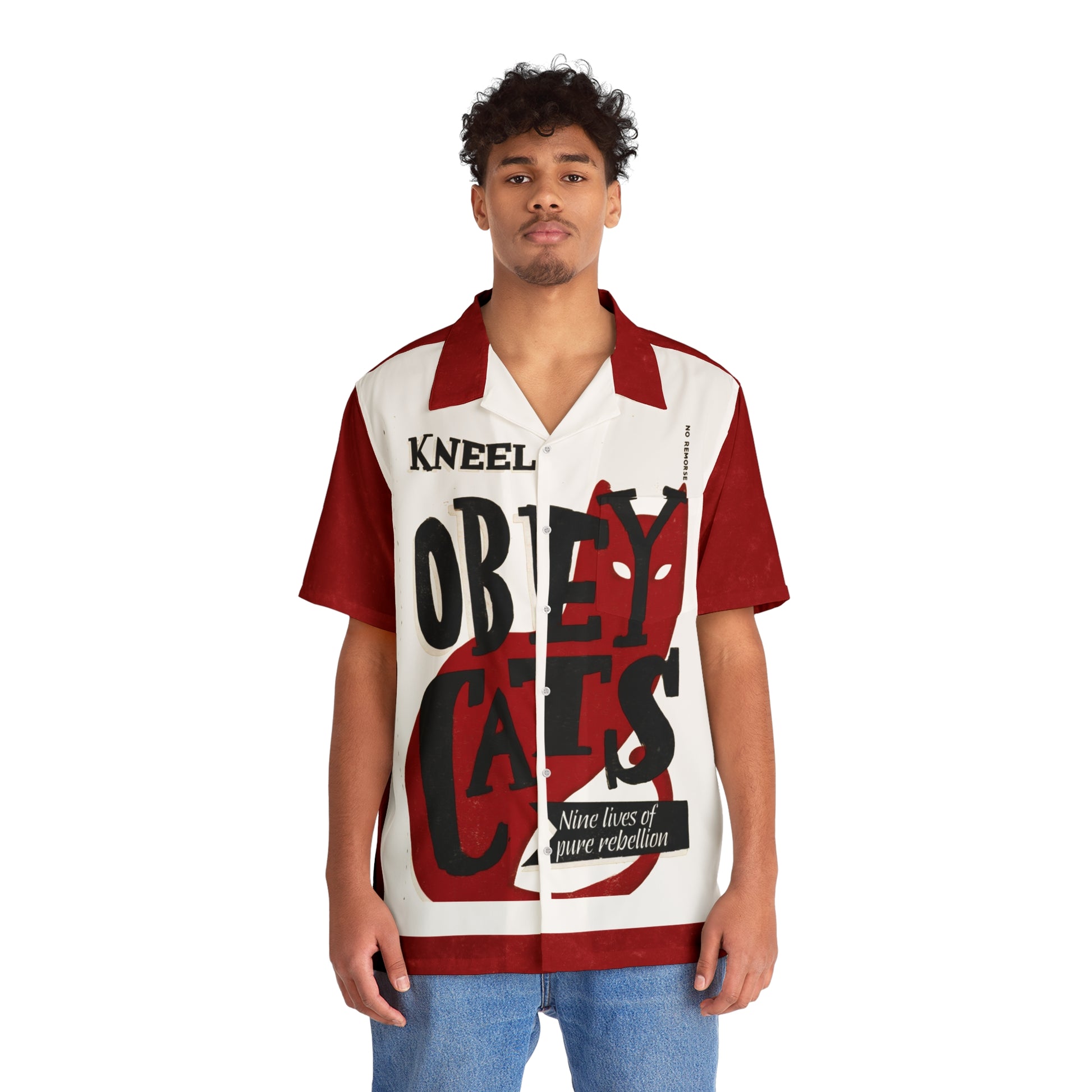 Model wearing the Obey Cats propaganda resort shirt front view. Highlights the relaxed boxy fit and heavy ink cat graphic.