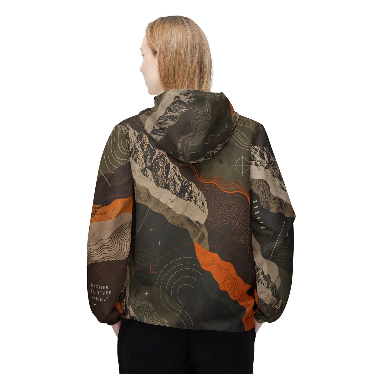 FIELD NOTES 26 topographic windbreaker jacket in olive, charcoal, sand and burnt orange terrain print.