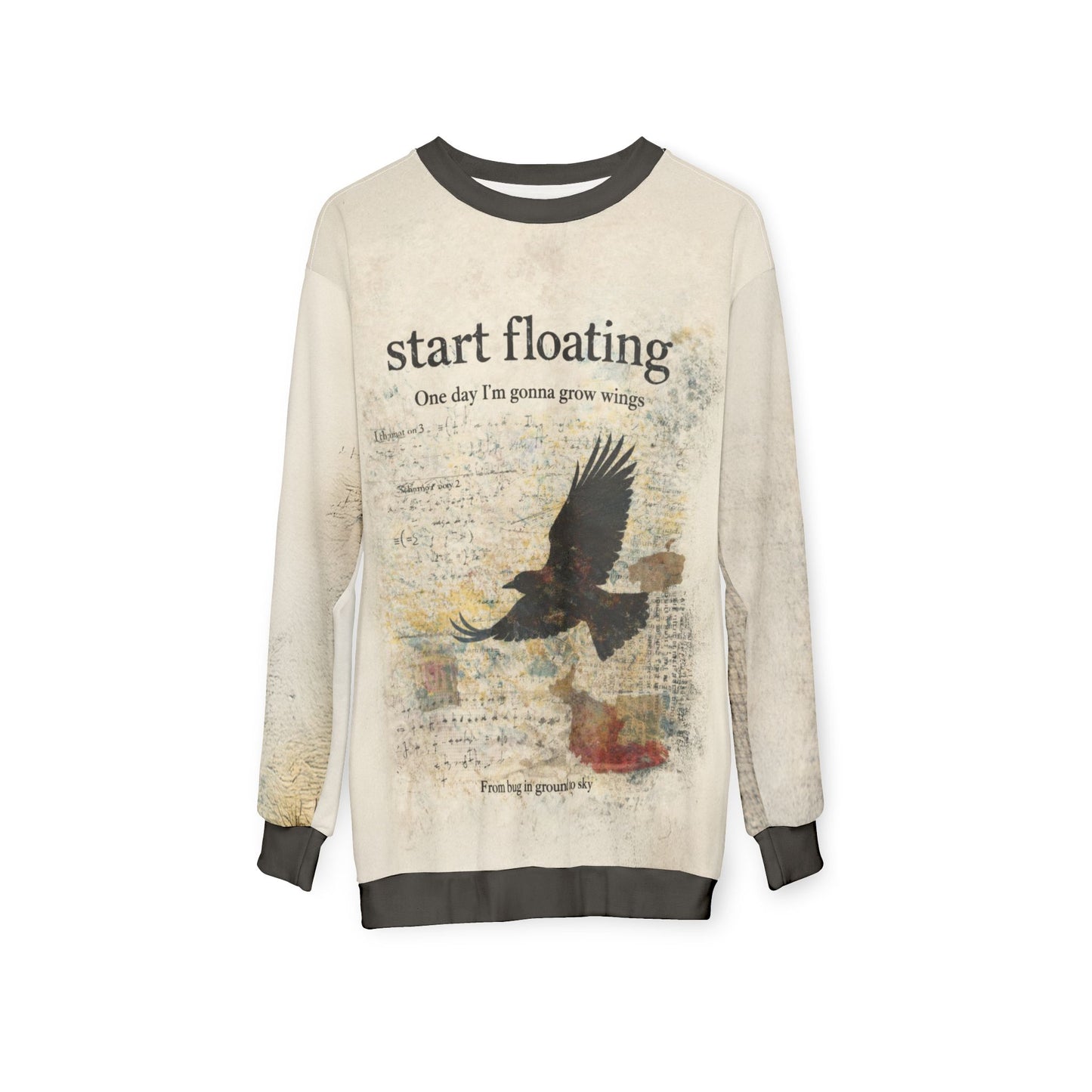 Front view of dark academia raven graphic sweatshirt featuring a distressed raven in flight, layered vintage textures, and “Start floating” typography