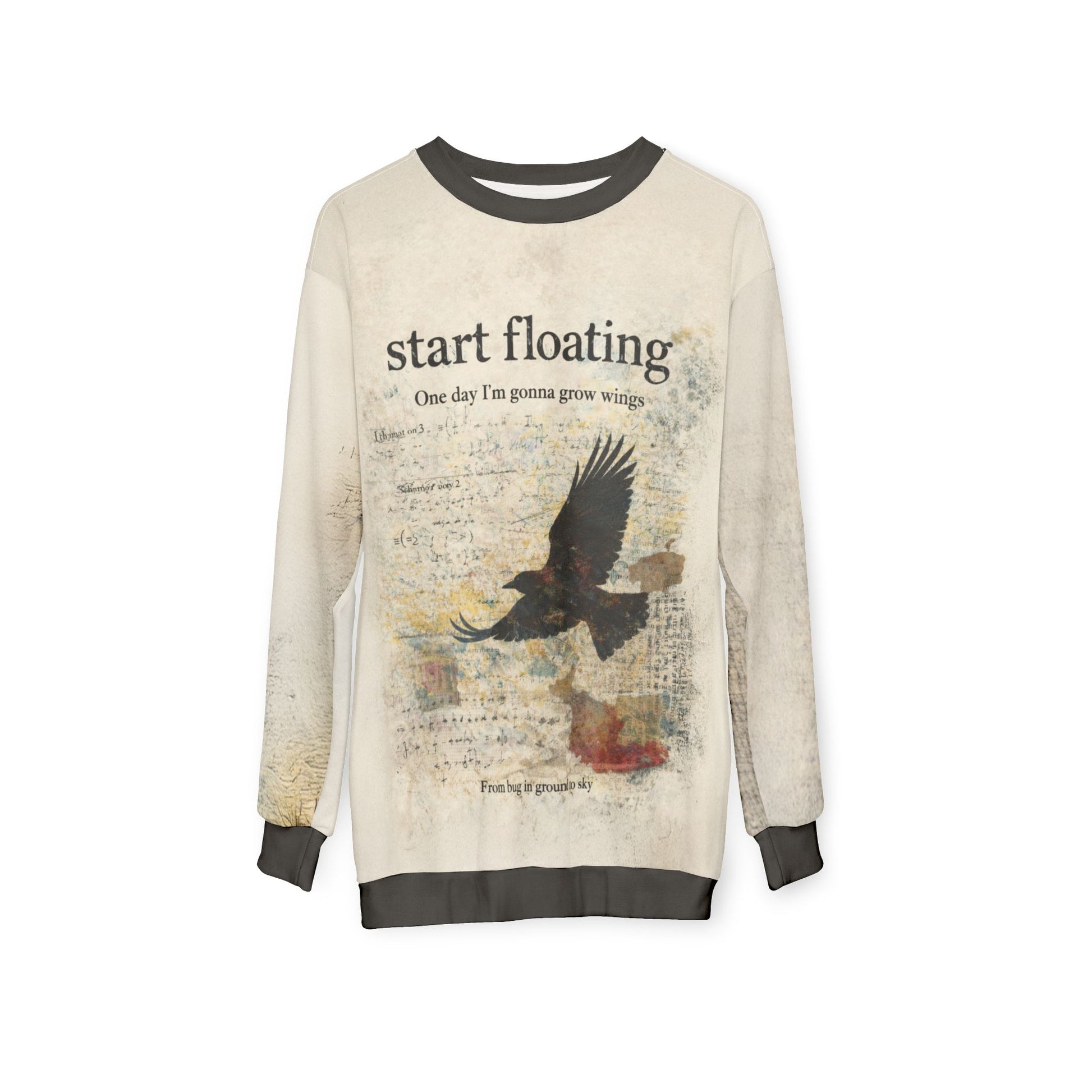 Front view of dark academia raven graphic sweatshirt featuring a distressed raven in flight, layered vintage textures, and “Start floating” typography