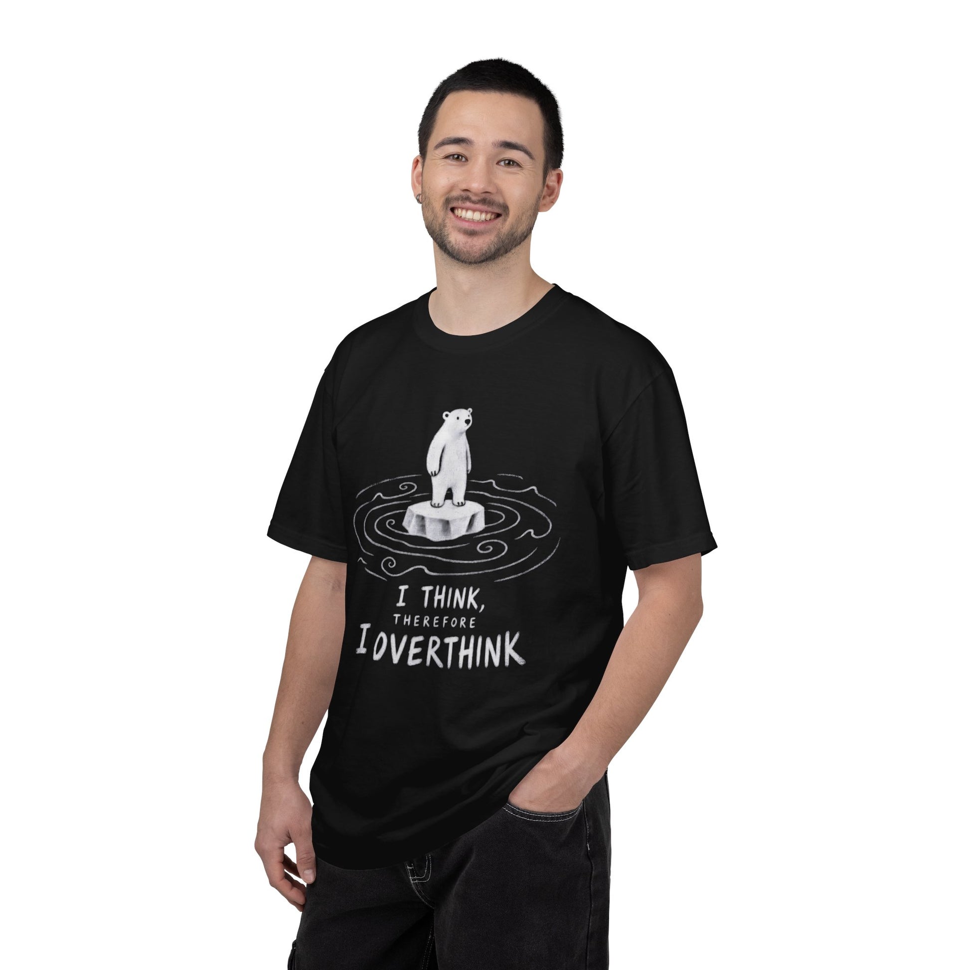 Black overthinker T-shirt with hand-drawn polar bear and “I Think, Therefore I Overthink” graphic.