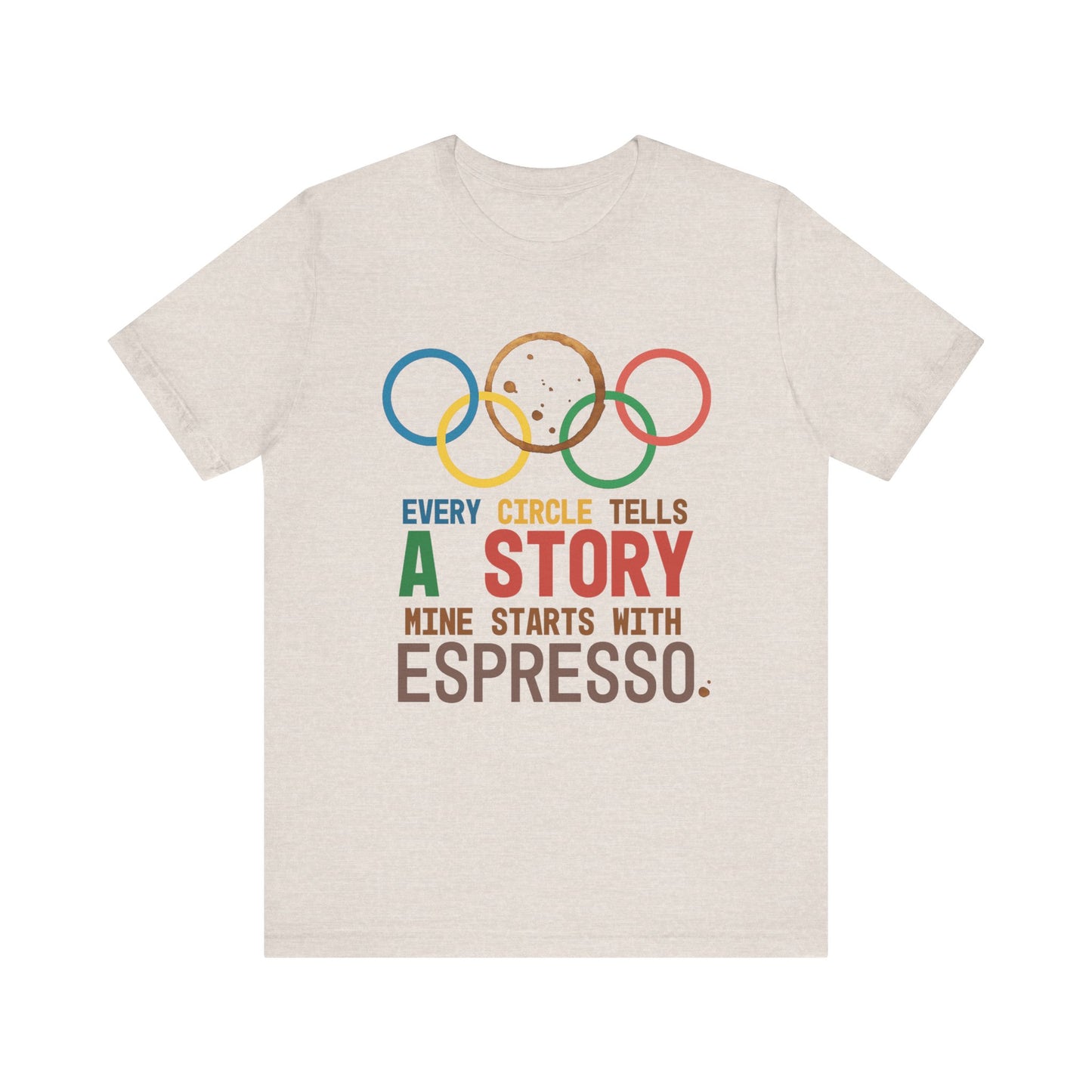 Beige t-shirt with Olympic rings and espresso-themed text on a white background