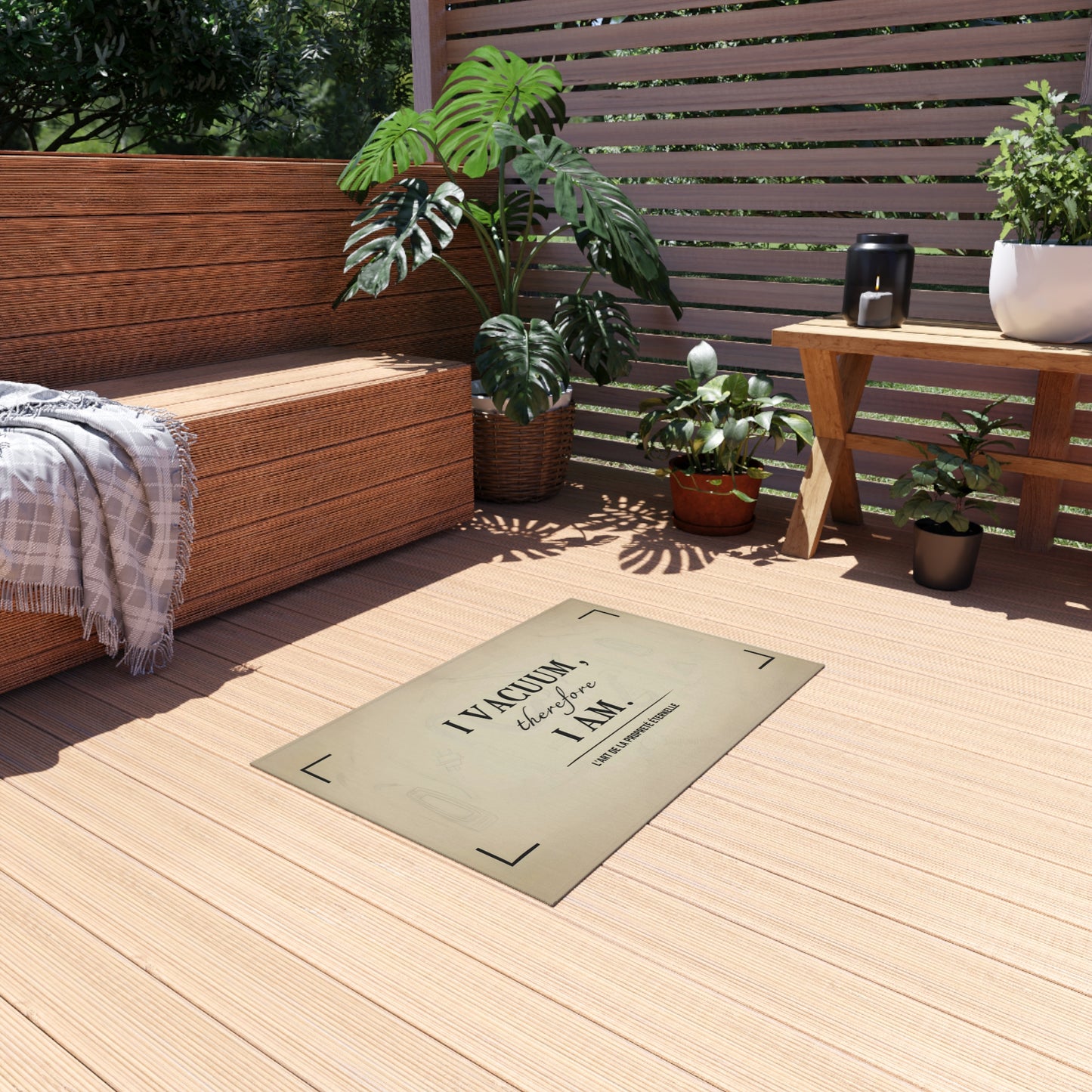 Funny quote rug on a wooden patio, surrounded by plants and minimal outdoor furniture, calm modern balcony decor.