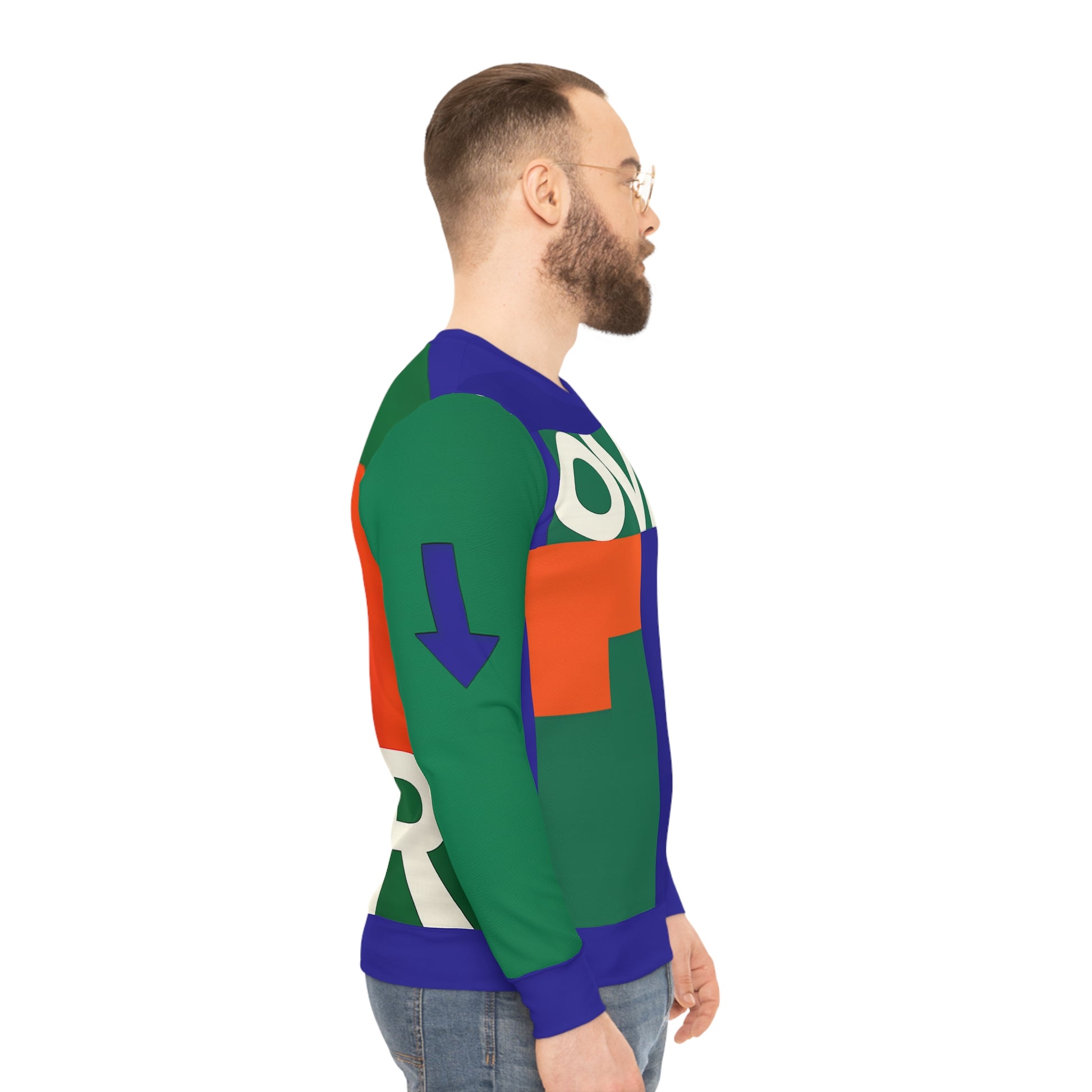 Side view of model wearing Overthinker sweatshirt showing green sleeve with a small arrow detail and the wraparound color blocking.