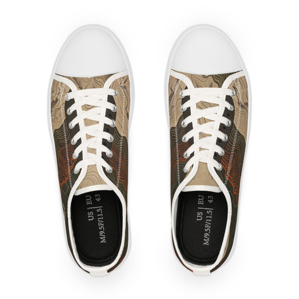 Side view of FIELD NOTES 26 men's topographic low top sneakers with contour-map terrain artwork.