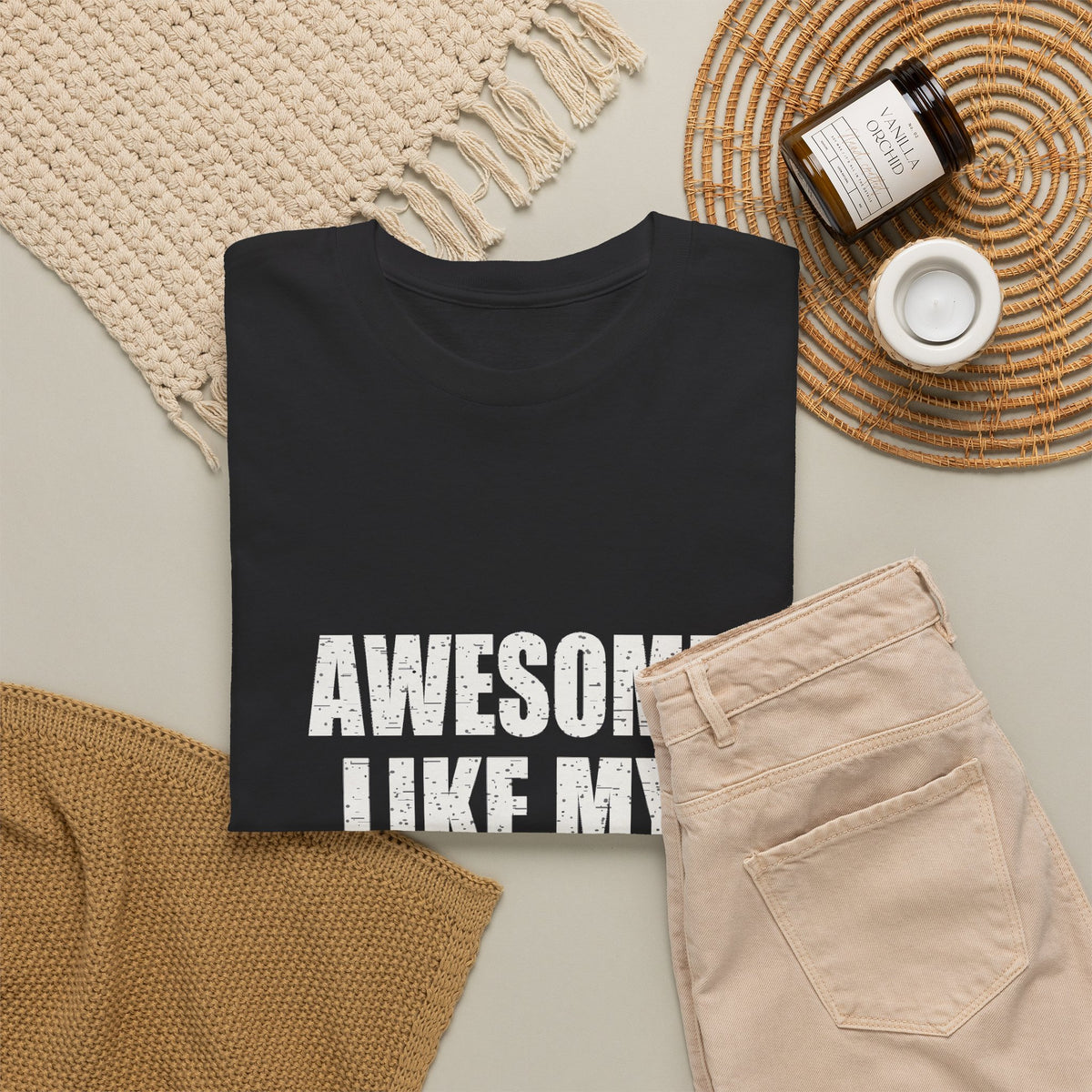 Folded Awesome Like My Daughter black graphic tee with distressed lettering