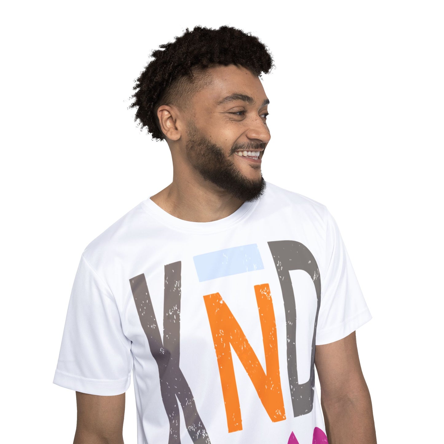front view men’s white be kind t shirt with large multicolor stacked letters spelling KINDNESS
