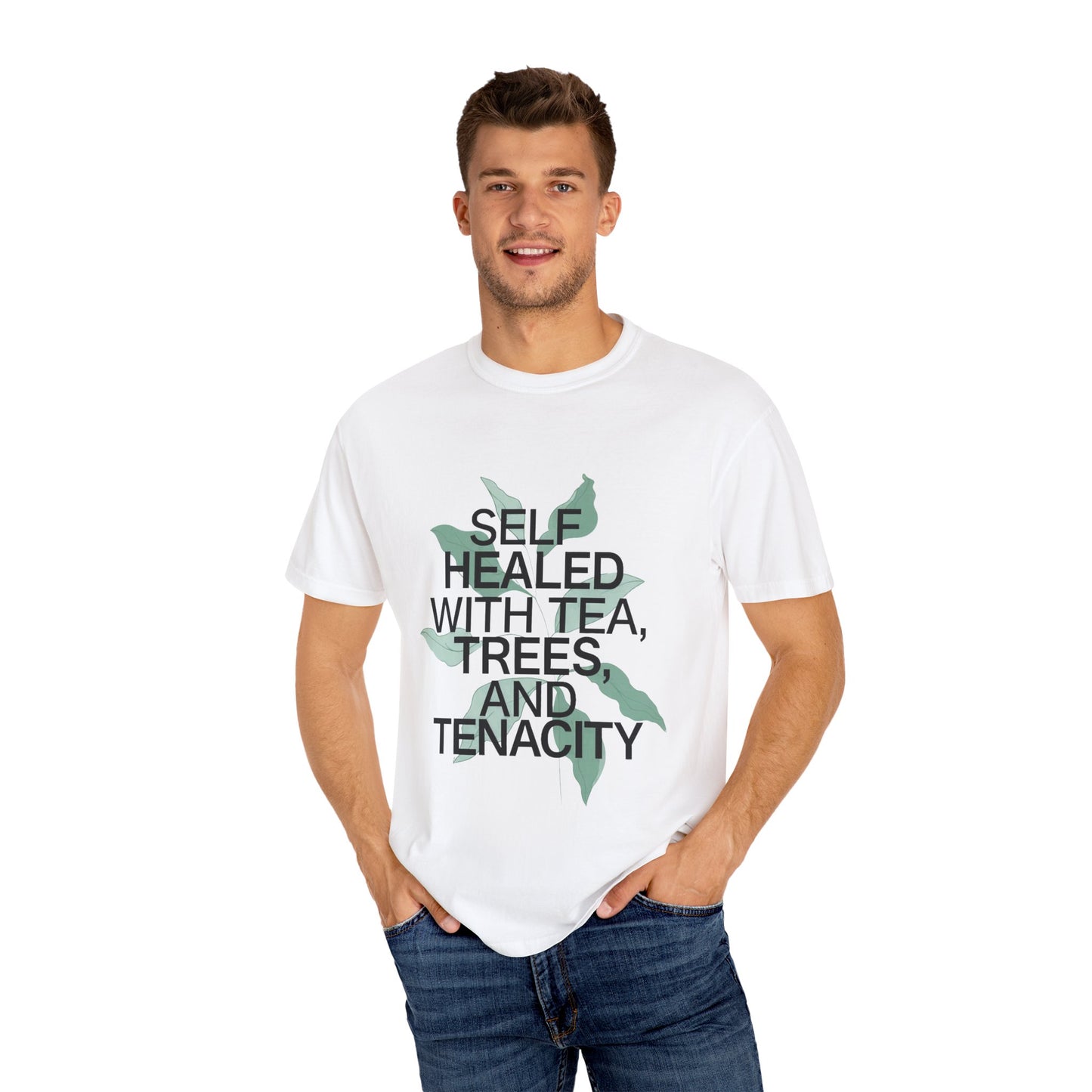 Man wearing a white t-shirt with text and a graphic design on a white background