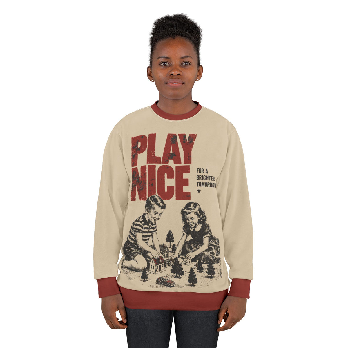 Play Nice retro graphic sweatshirt in warm beige and deep red