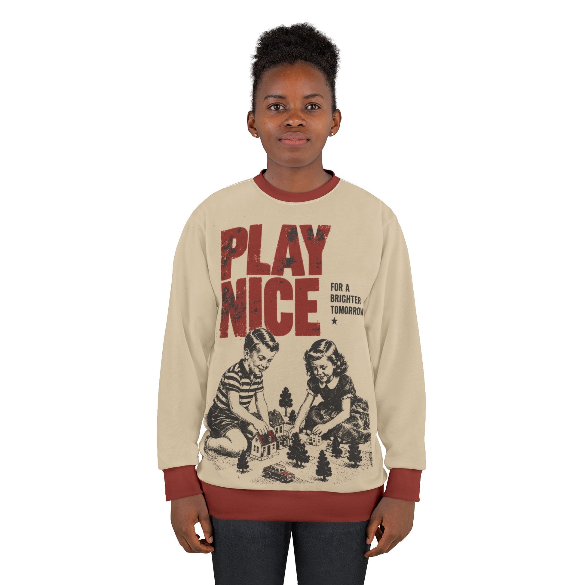 Play Nice retro graphic sweatshirt in warm beige and deep red