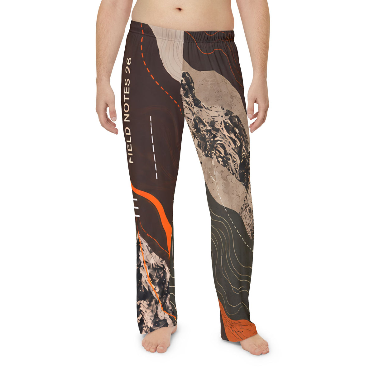 FIELD NOTES 26 men's topographic pajama pants with olive, charcoal, sand and burnt orange terrain print.
