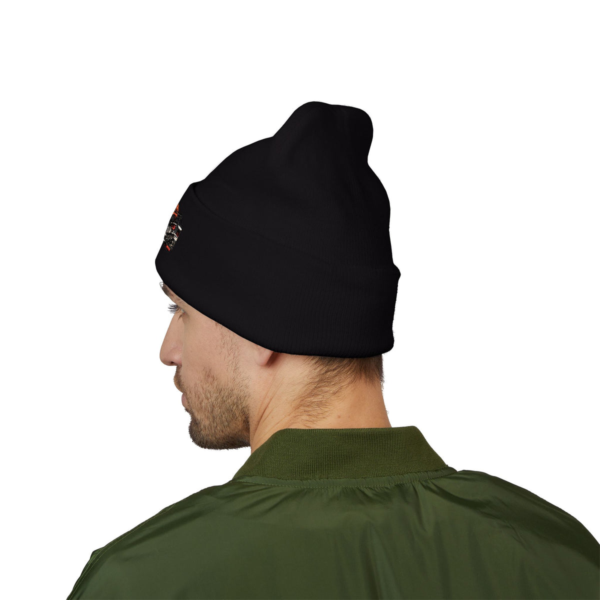 AprilGhost Neighborhood Signal black cuffed beanie with embroidered neighborhood scene and APRILGHOST wordmark