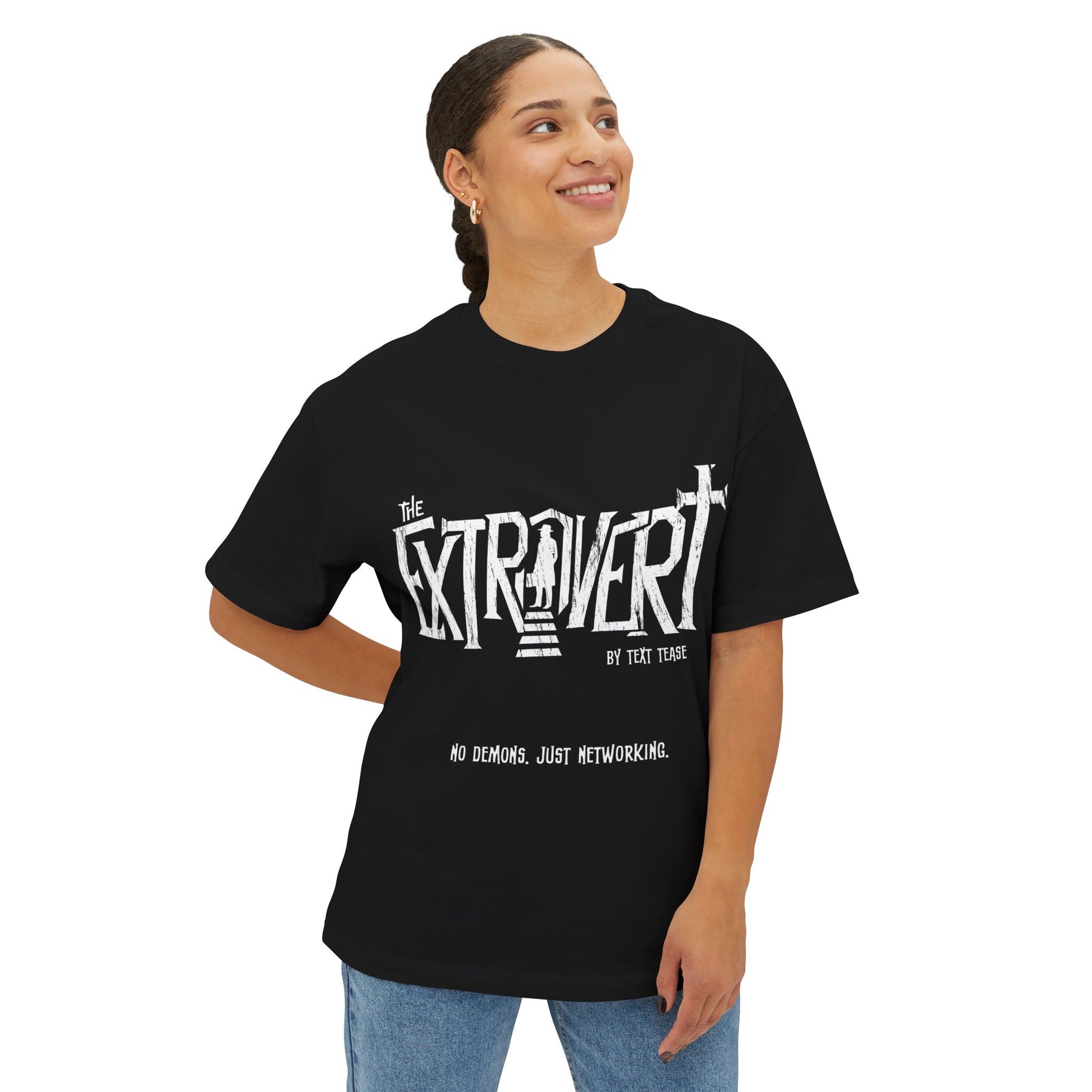 Woman wearing a funny introvert shirt with a sarcastic horror movie networking joke printed in distressed white typography.