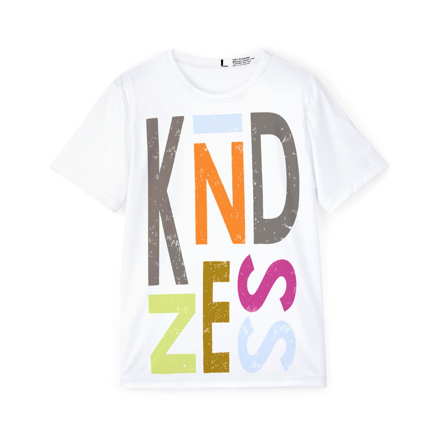 White t-shirt with colorful letters spelling 'Kindness' on a white background